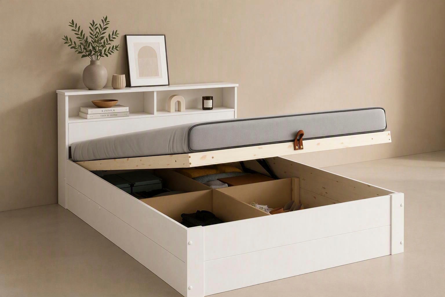GOODproduct Lit de rangement »MAREILLES, Hebemechanismus & XXL-Stauraum, Bettkasten« 140x200 cm et 180x200 cm,  en bois massif certifié FSC® – avec compartiments de rangement dans la tête de lit
