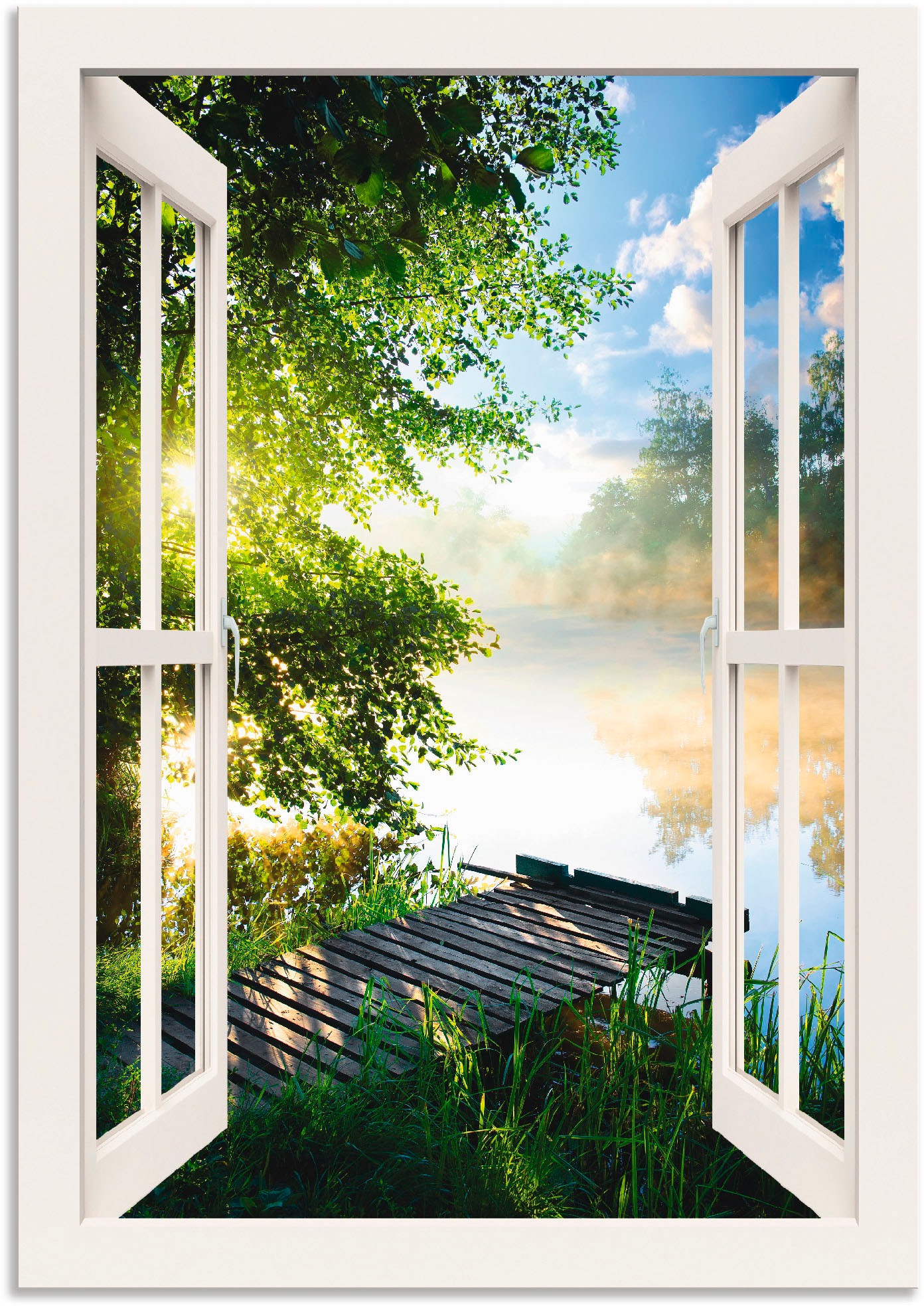Artland Wandbild »Fensterblick Angelsteg am Fluss«, Fensterblick, (1 St.), als Alubild, Outdoorbild, Leinwandbild, Poster, Wandaufkleber