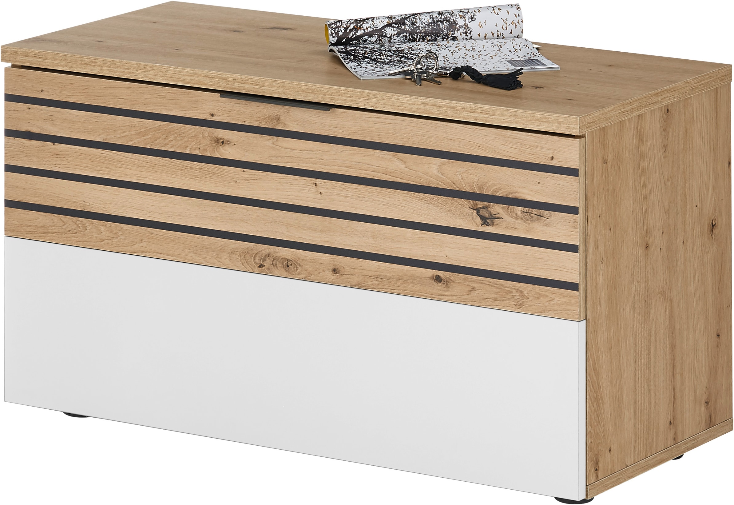 HBZ Garderoben-Set »5-tlg. Eiche Stripes Optik Flurgarderobe Stellmass BxHxT 260x197x38 cm«, (5 St.), Mit Schuhkommode, Hochschrank, Bank, Paneel, Spiegel