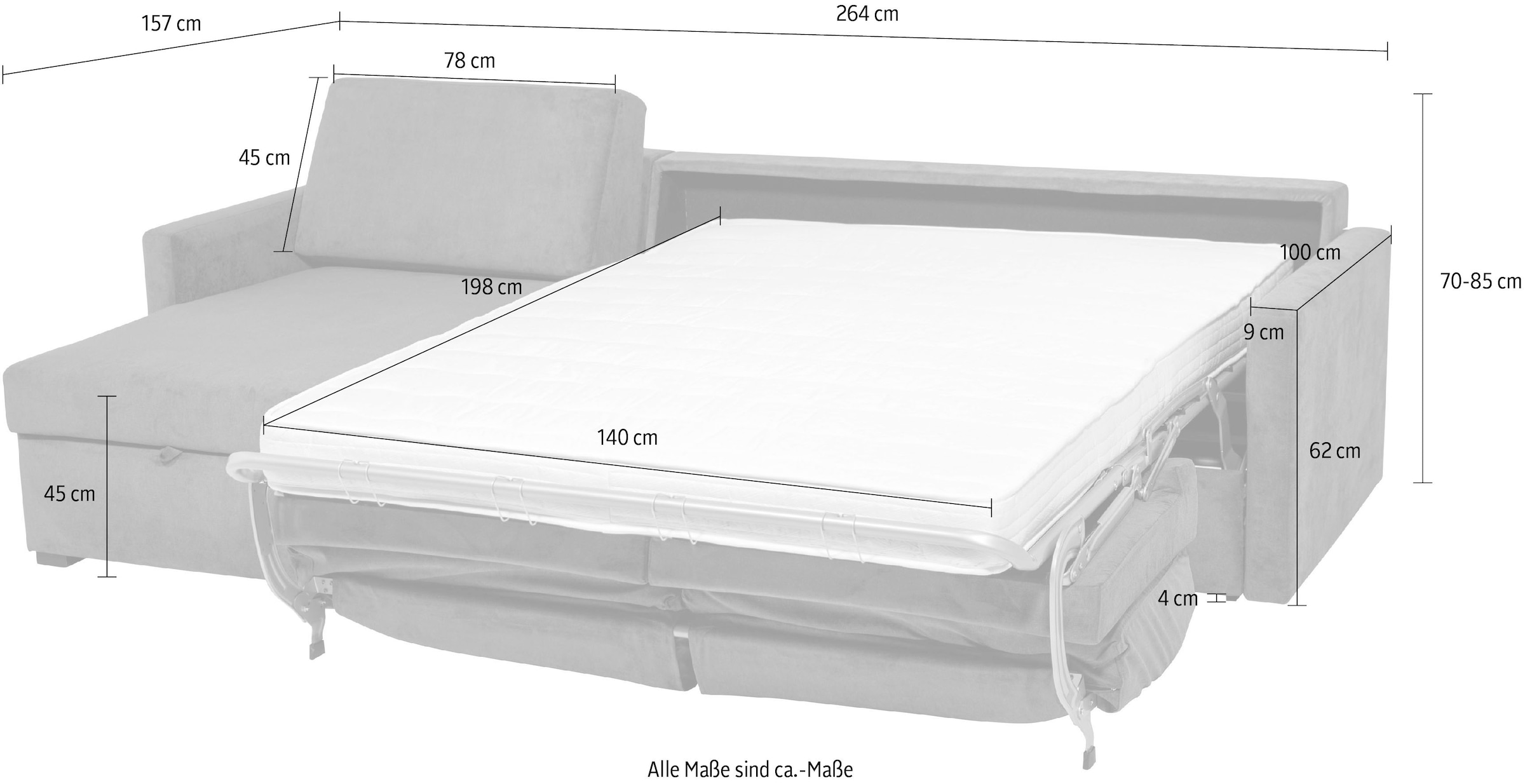 Places of Style Schlafsofa »GOLDPOINT Ecksofa 264 cm, Liegefläche (140/200cm), L-Form,«, Bettfunktion, Bonell-Federkernmatratze und Dauerschläfer-Funktion