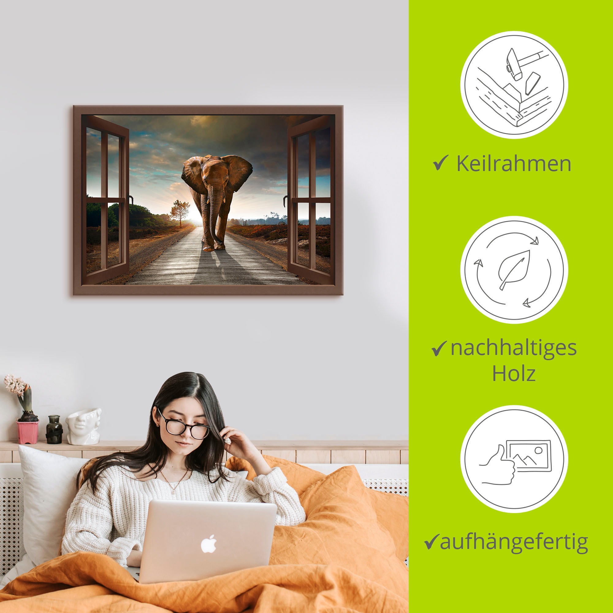Artland Leinwandbild »Elefant auf Strasse - braunes Fenster« Fensterblick 1 Stk. tlg. auf Holzrahmen gespannt