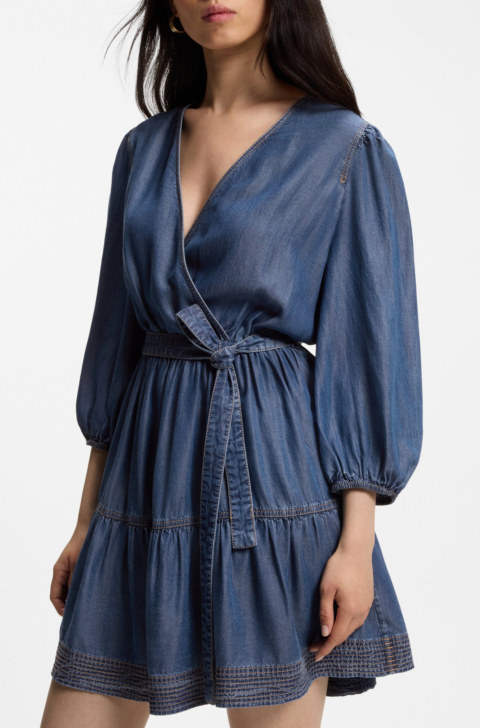 Image of BOSS ORANGE Wickelkleid "Dardy Premium Damenmode" im Denim-Look, Bindegürtel