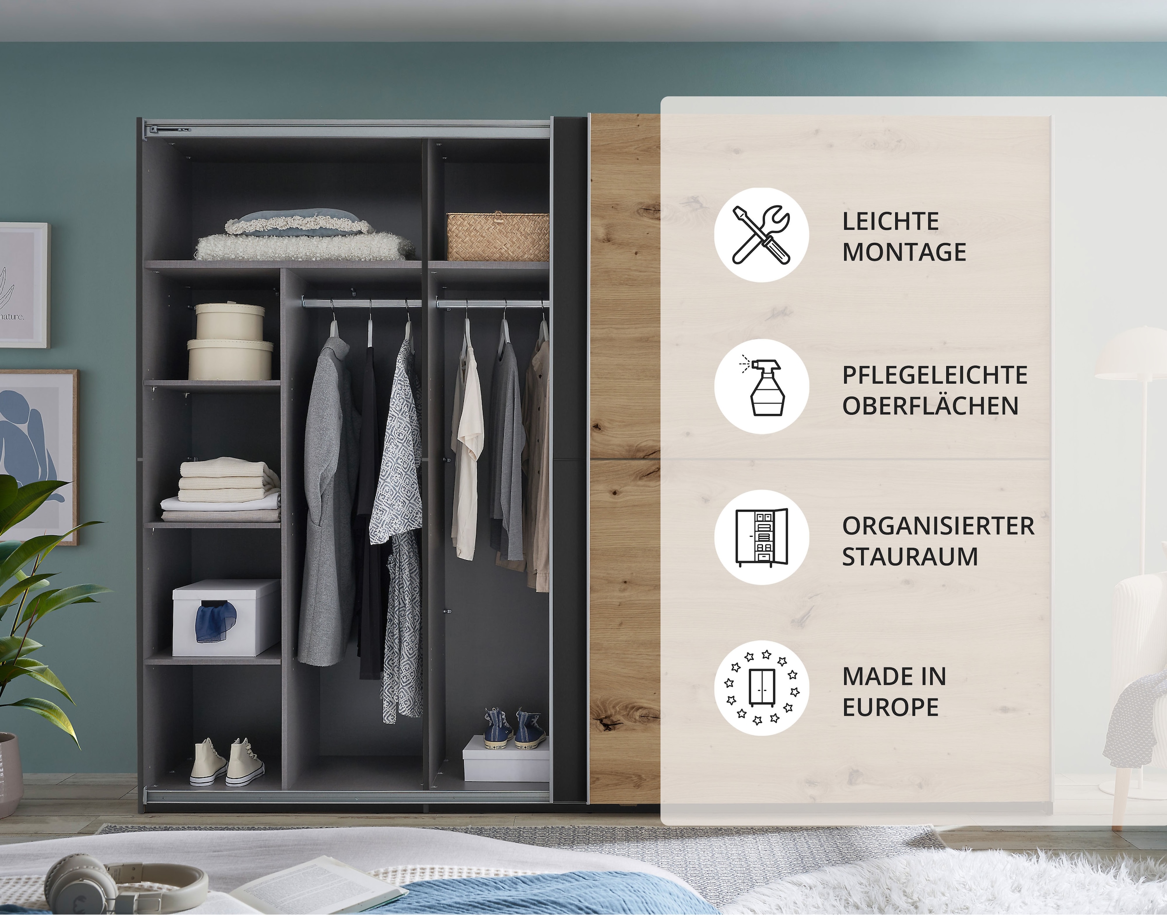 Schlafkontor Schwebetürenschrank »Mesio, 2-türiger Kleiderschrank, Schiebetürenschrank mit viel Stauraum«, inklusive Hoteleinteilungen aussen und Einlegeböden oben