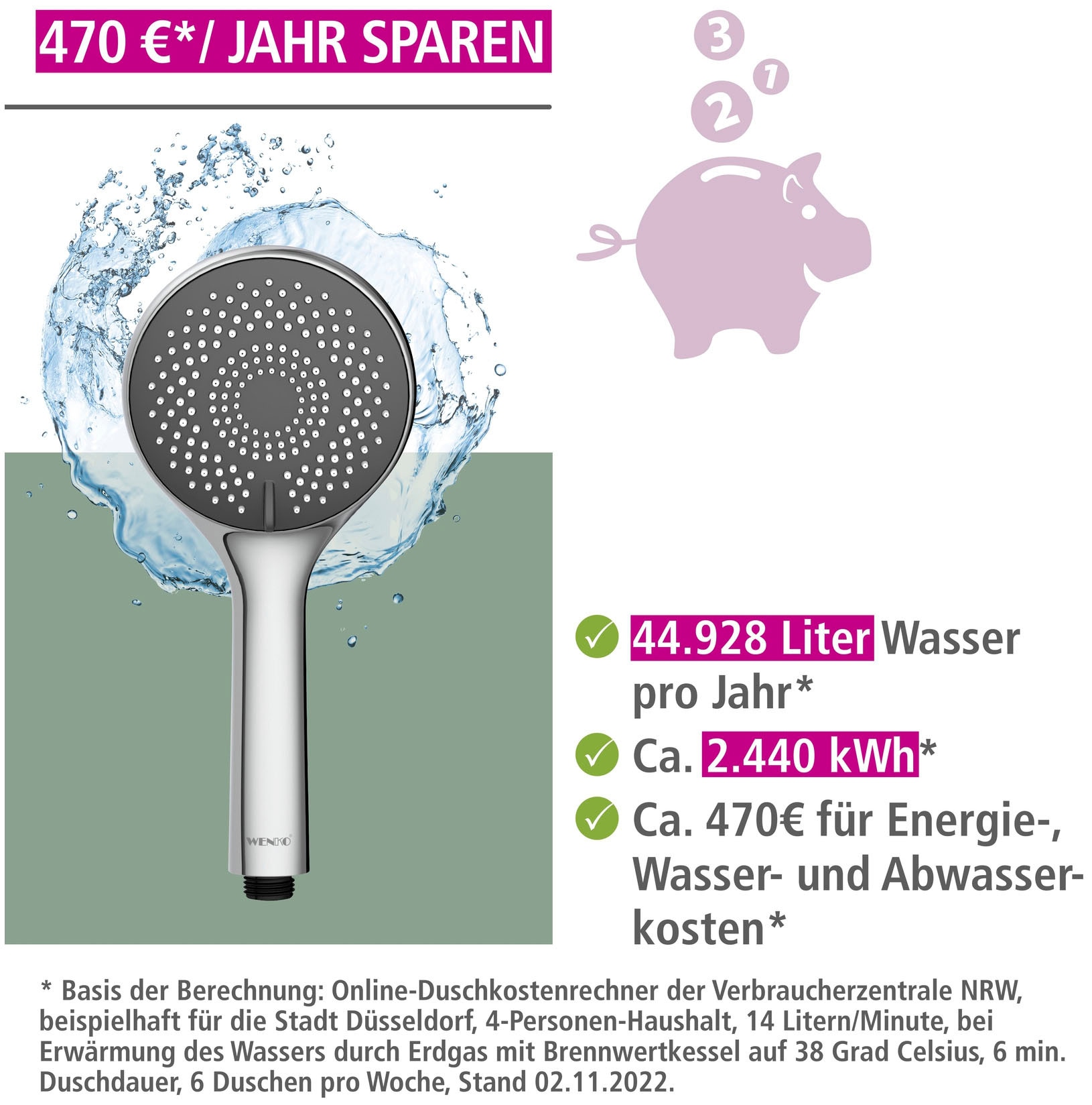 WENKO Handbrause »Watersaving System«, Duschkopf Watersaving Grau, Durchmesser 11 cm