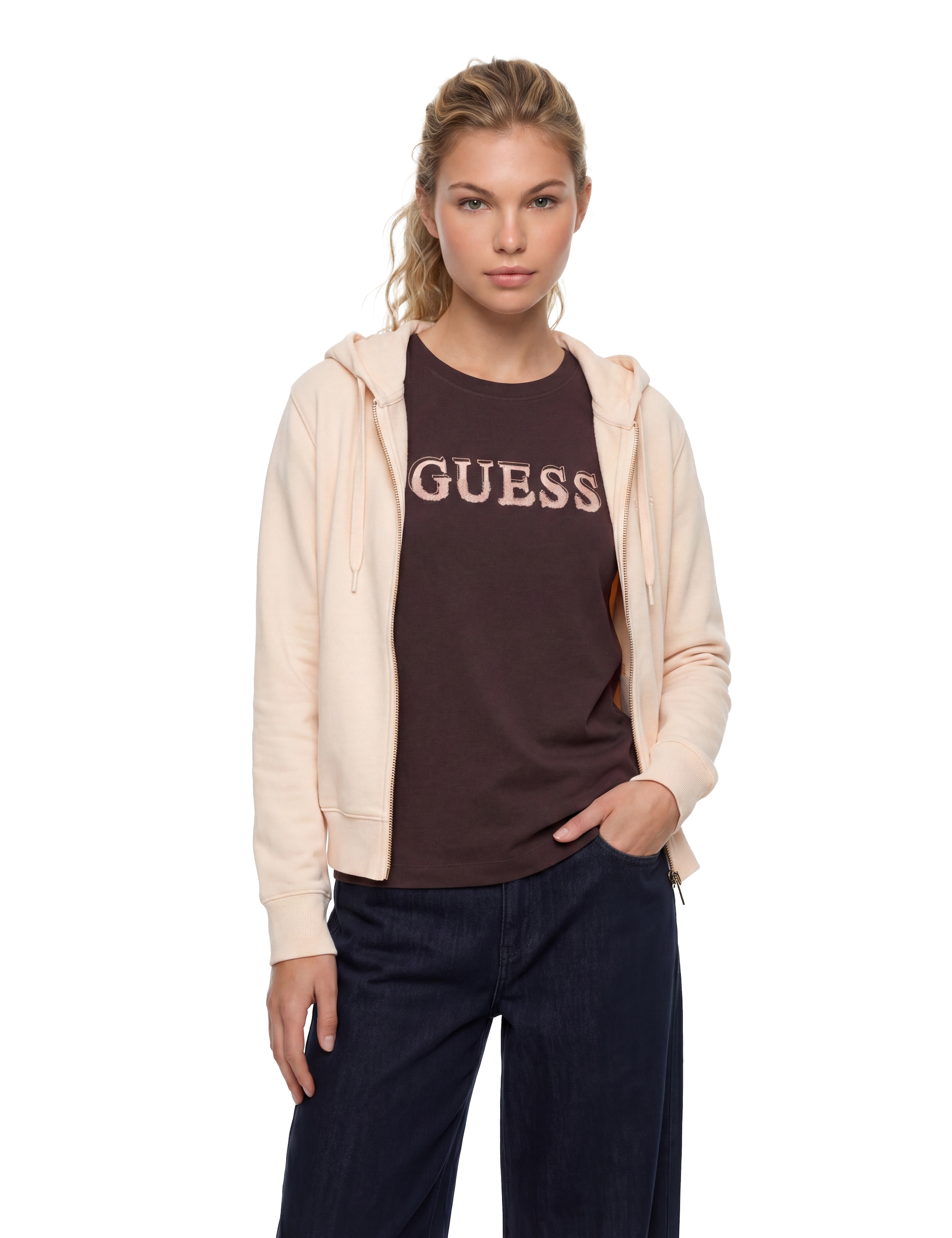 Guess Kapuzensweatjacke »SOFIA ZIPPER SWEATSHIRT« mit Logostickerei, Baumwollmix