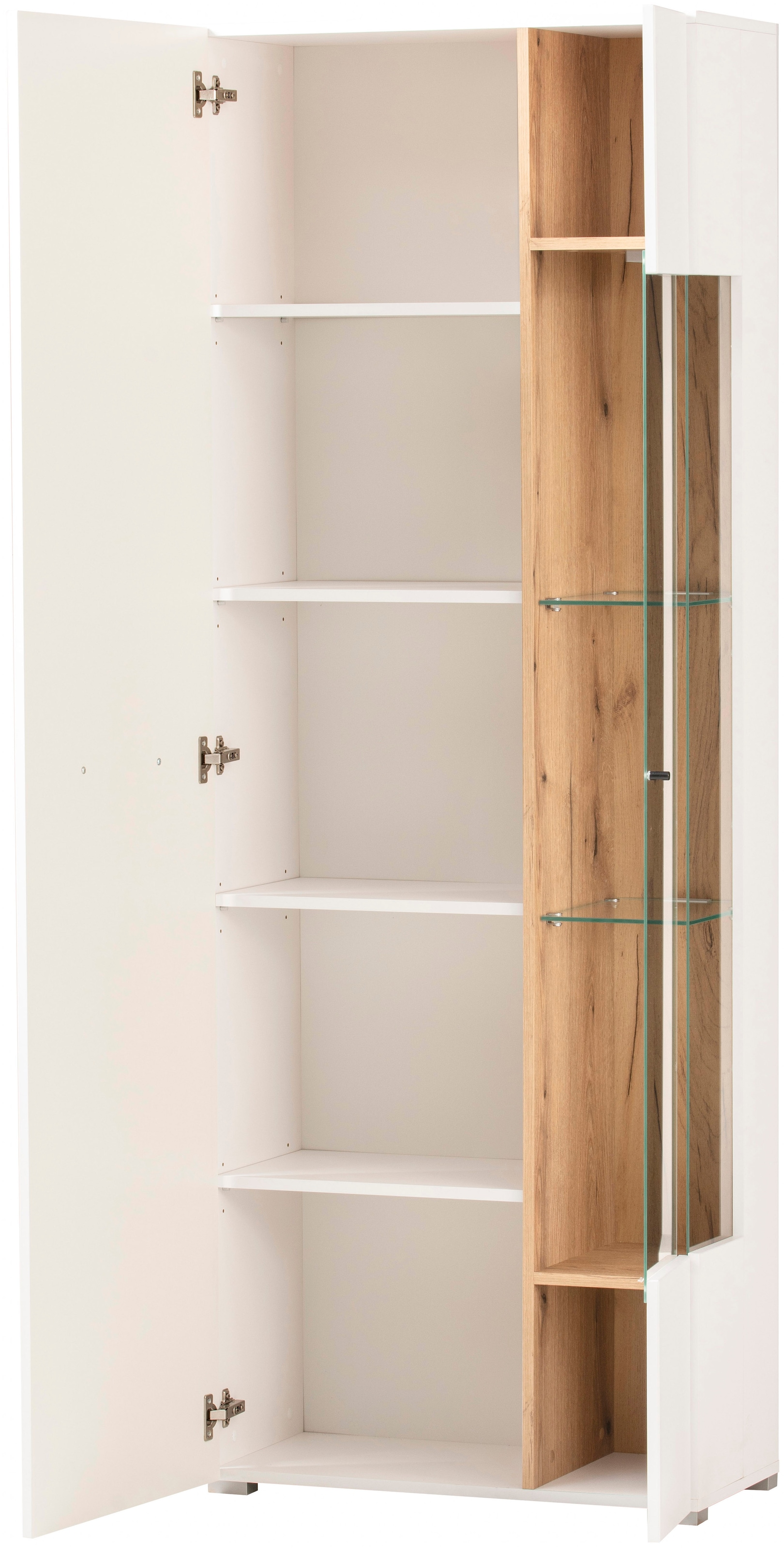 INOSIGN Wohnwand »Salerno, moderne Anbauwand, Wohnzimmer-Set, Weiss mit Eiche Evoke Dekor«, (Set, 3 St.), enthält Vitrine, Lowboard + Wandboard, Metallgriffe, 287 cm breit