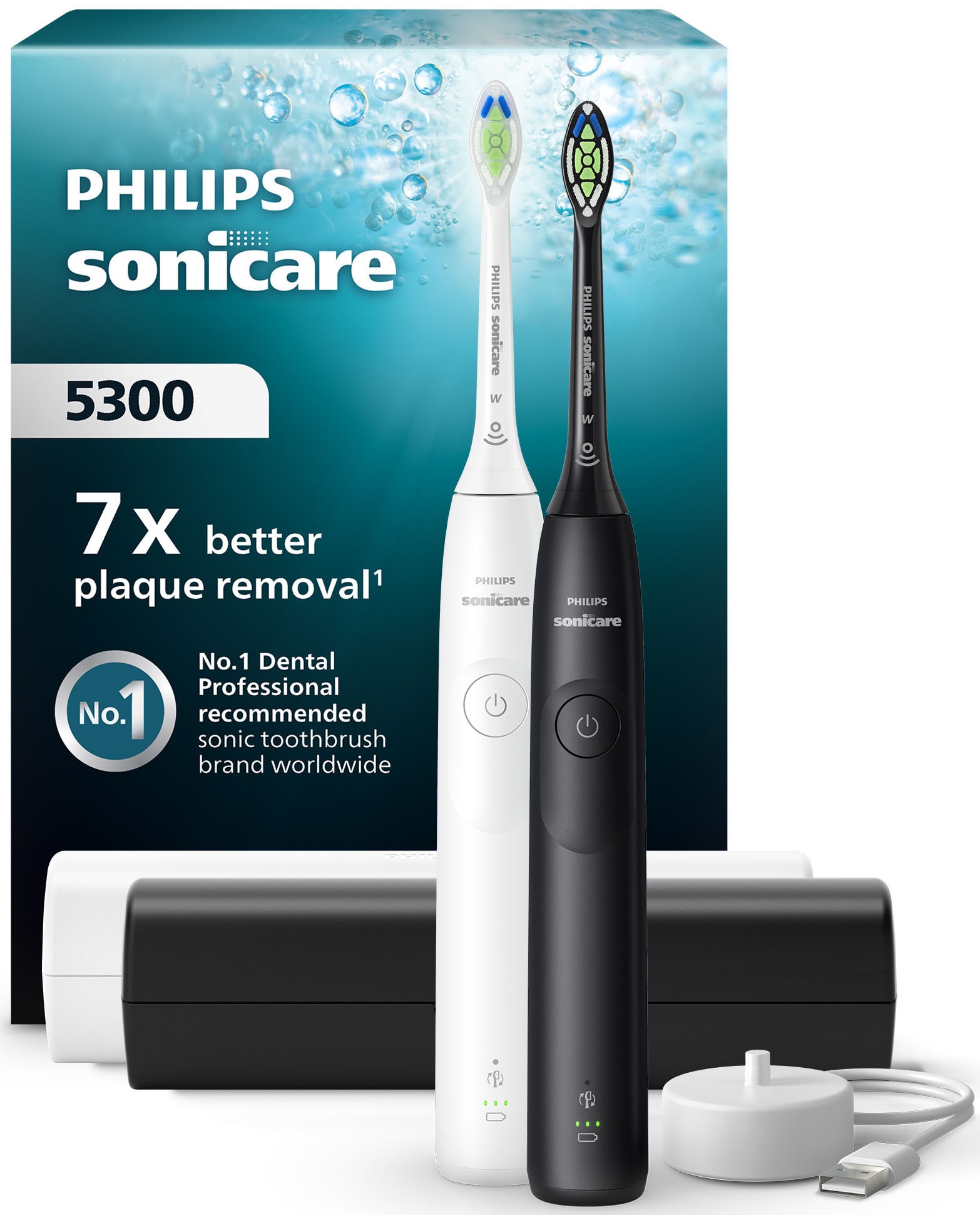 Image of Philips Sonicare Elektrische Zahnbürste "Series 5300 HX7109/01" 1 Stk. Aufsteckbürsten mit Andruckkontrolle, 2 Intensitätsstufen, inkl. Ladegerät
