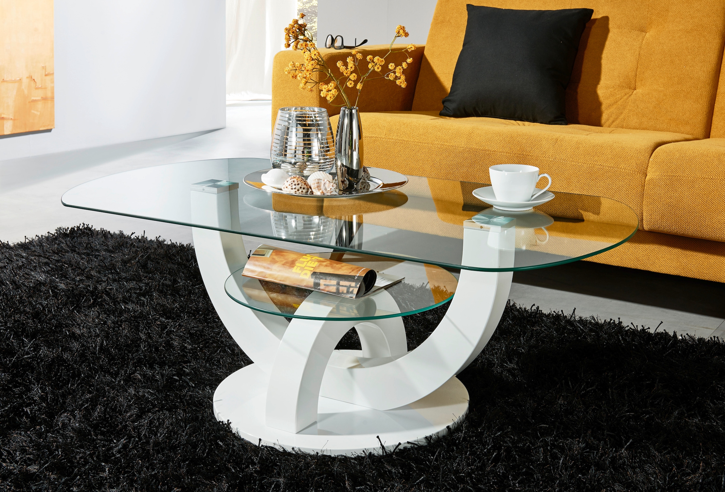 Image of Stolkom Couchtisch "Boston" Wohnzimmertisch, OTTOs Choice, Glastisch, Tisch mit U-Form Gestell in weiss hochglanz