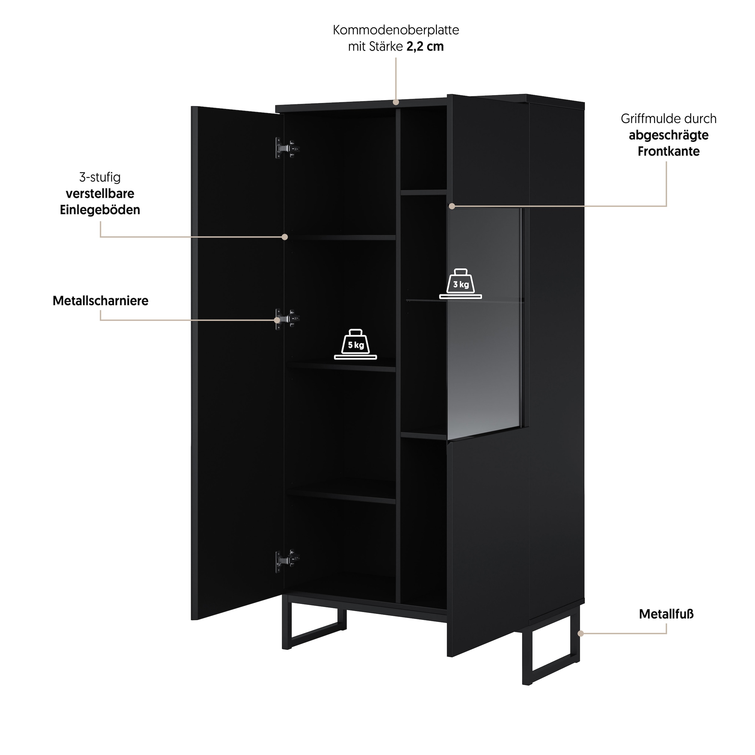 GOODproduct Vitrine »Modo II, Breite 80 cm, moderner griffloser Vitrineschrank« Vitrine viel Stauraum, Einlegeböden verstellbar, Glastür, Metallkufen