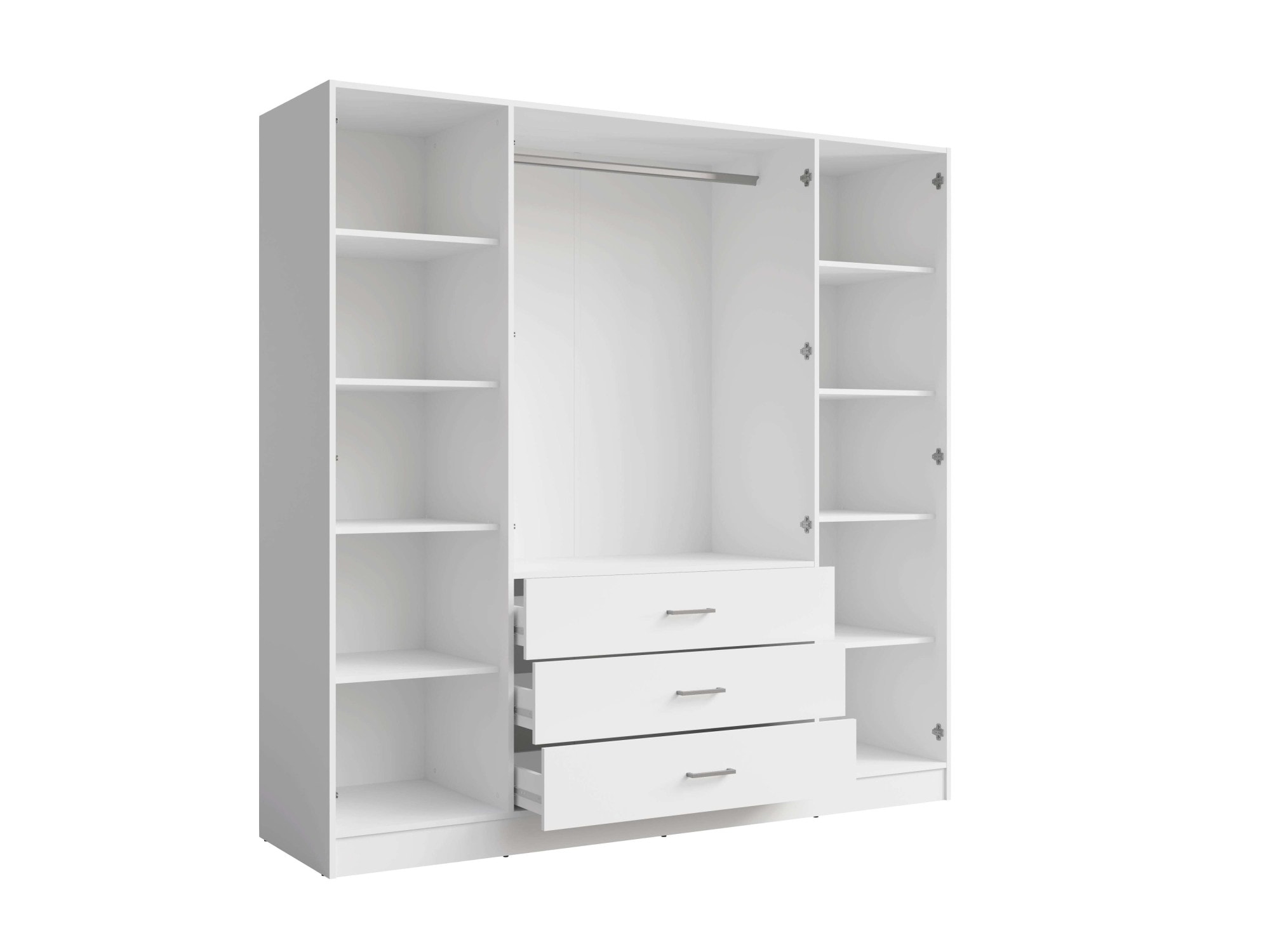 Home affaire Kleiderschrank »KOS Garderobe mit 3 Schubladen, Kleiderstange, 8 Einlegeböden, Spiegel«, Wäscheschrank mit 4 Drehtüren, silberfarben Griffen, Masse B/H/T 200/200/58cm