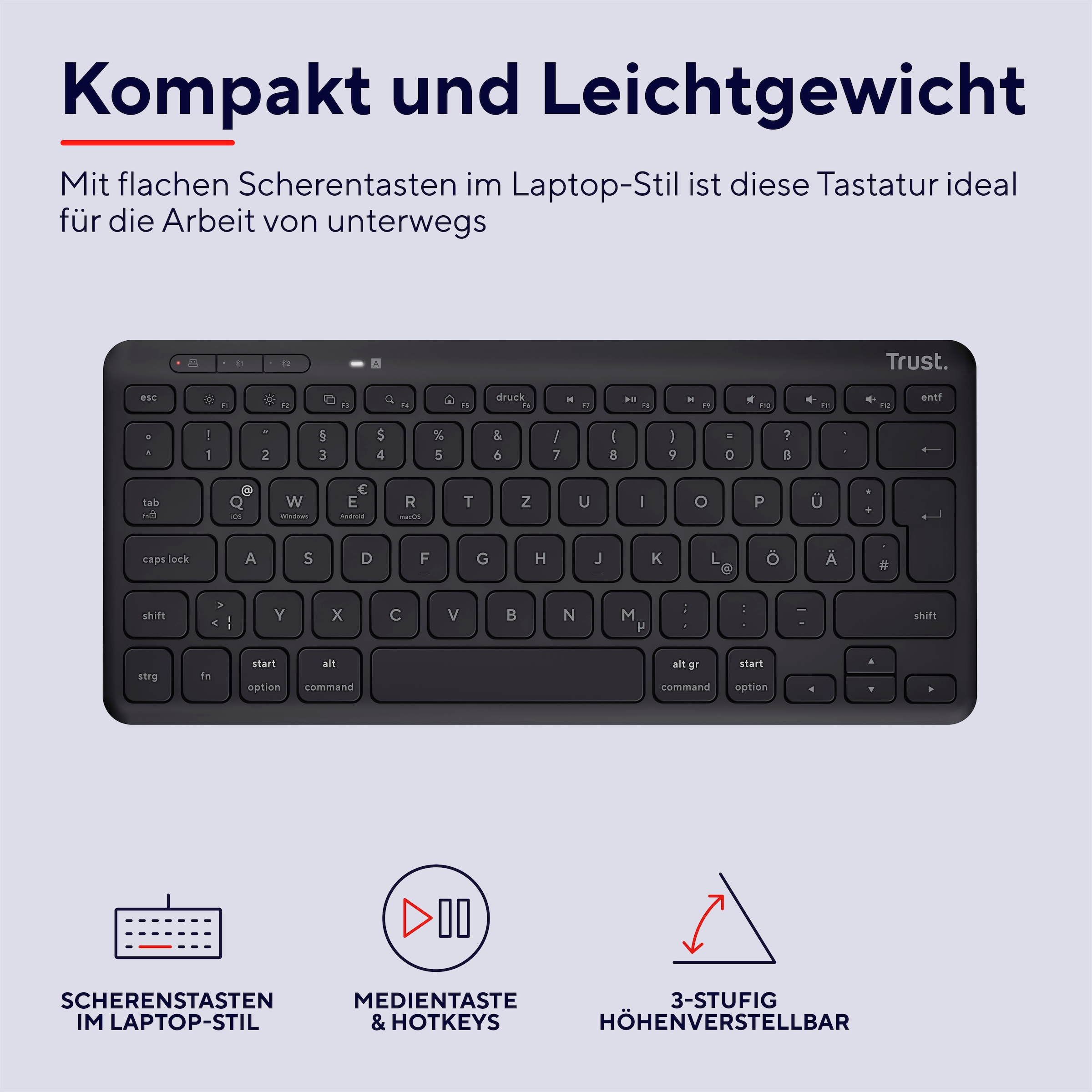 Trust Wireless-Tastatur »Lyra Kompakte Funktastatur«, (USB-Anschluss-Anpassbare Höhe-Multimedia-Tasten)