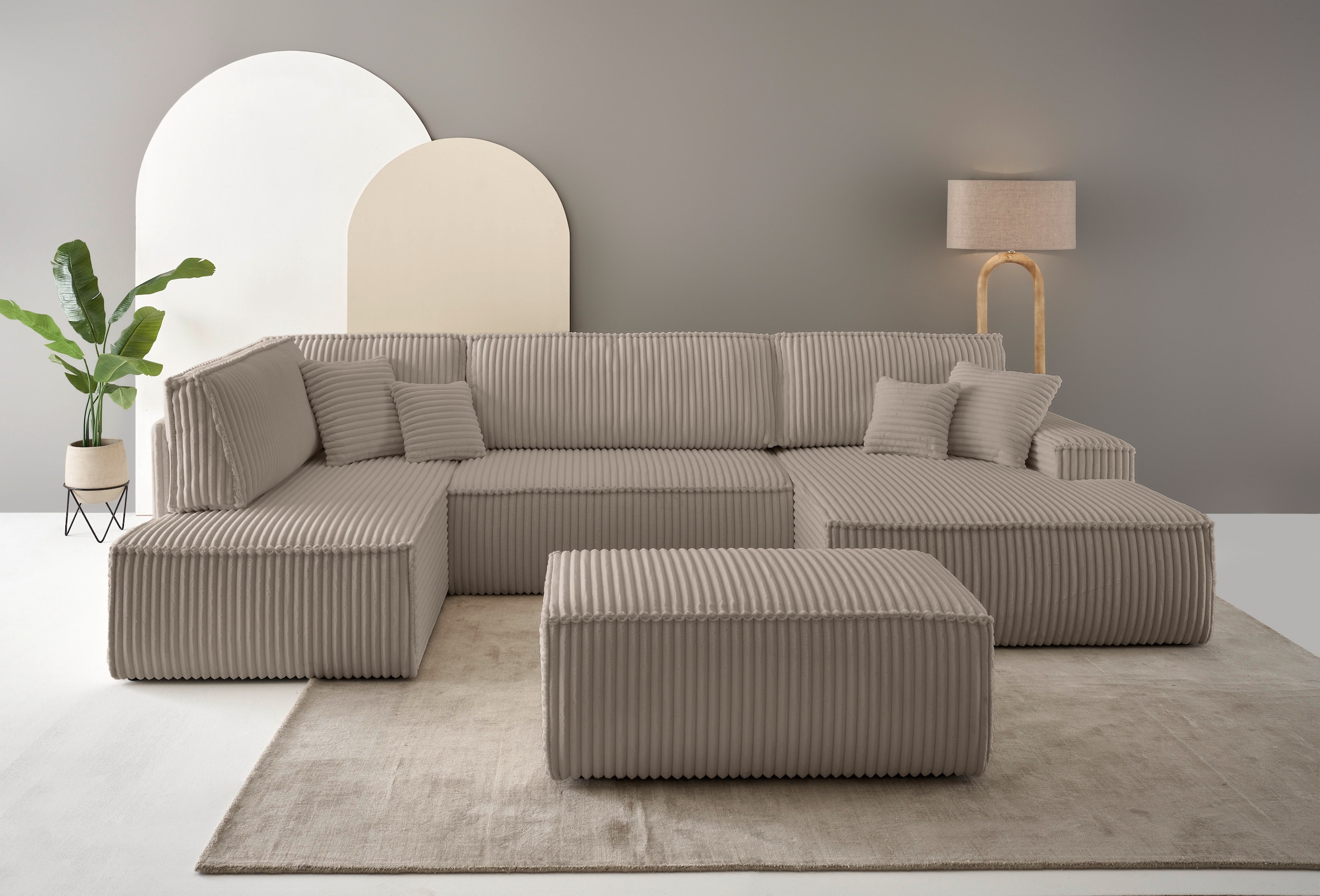andas Wohnlandschaft »FINNLEY U-Form XXL 329 cm, Schlafsofa, Schlaffunktion m. Bettkasten«, (194/139 cm), Bouclé, Struktur und Cord
