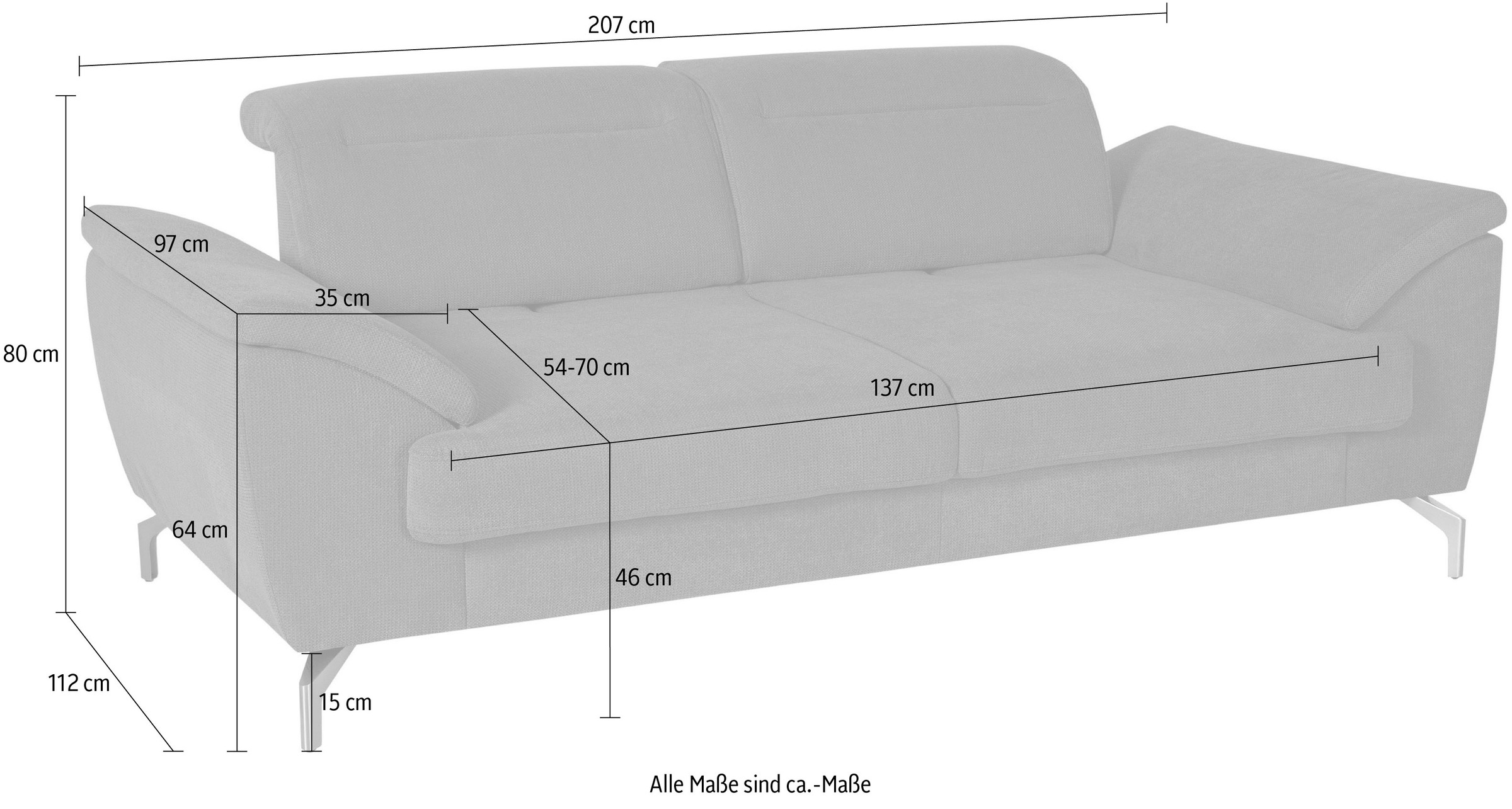 sit&more 2,5-Sitzer »Percy«, 15 cm Fusshöhe, Sitztiefenverstellung, wahlweise Kopfteilverstellung