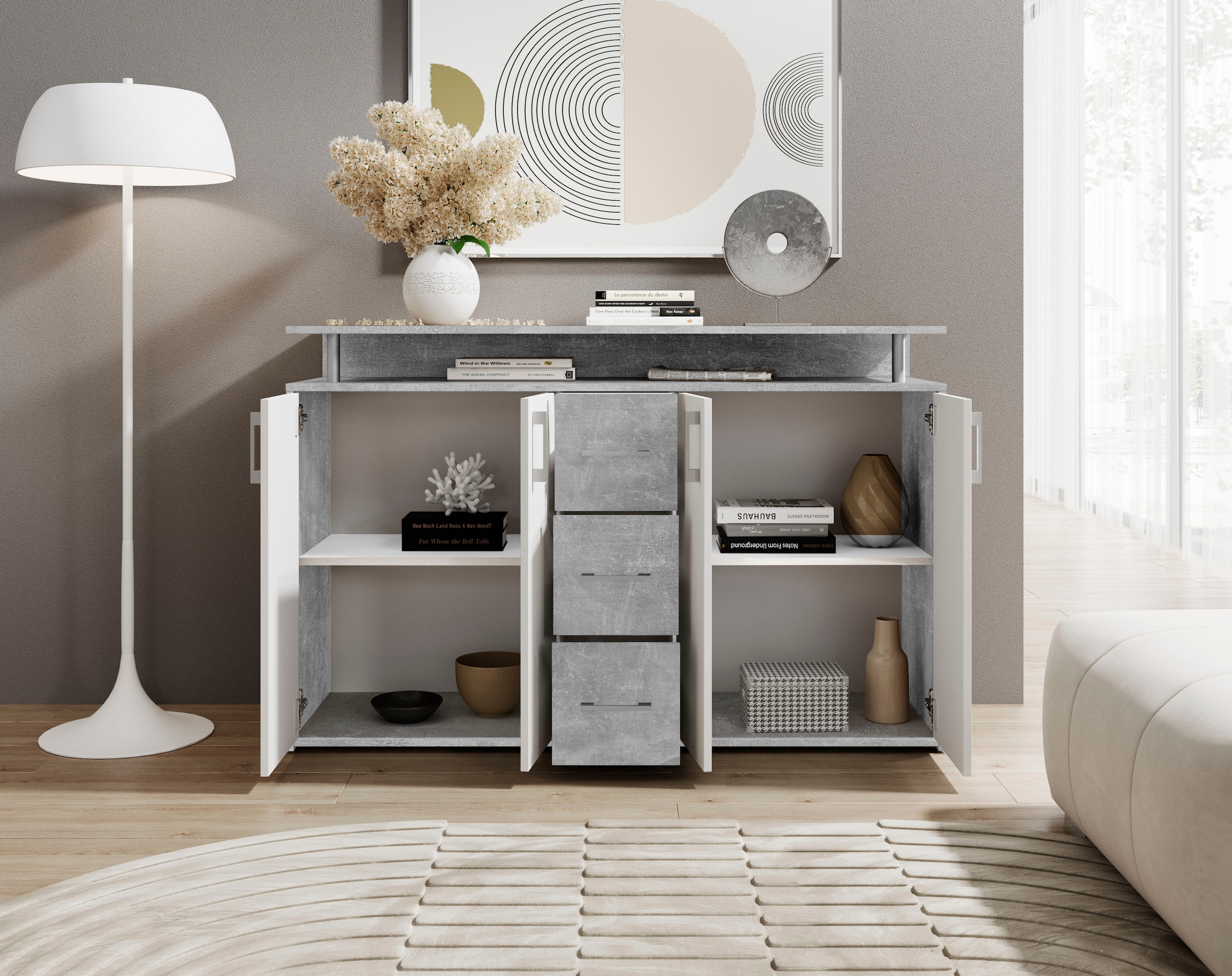 HBZ Sideboard »Drivno Sideboard, B/H/T 139x90x34 cm« 1 Stk. tlg. Breite 139cm, Kugelauszug, Einlegeböden verstellbar,  3 Schubkästen