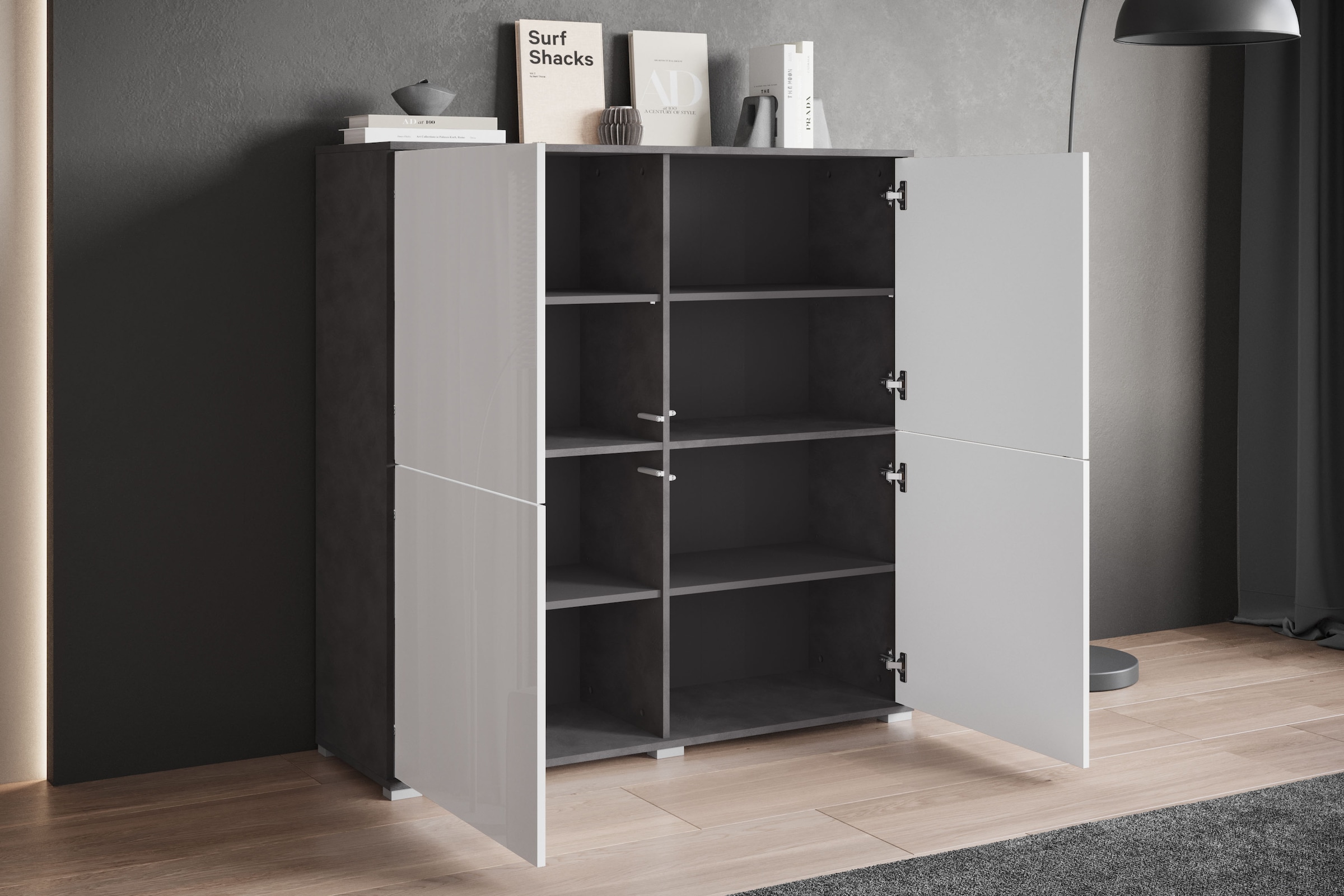 GOODproduct Highboard »Kenia, moderne grifflose Hochkommode mit 4 Türen, Breite 120 cm« 1 Stk. tlg. Push-to-Open-Fronten, höhenverstellbaren Einlegeböden