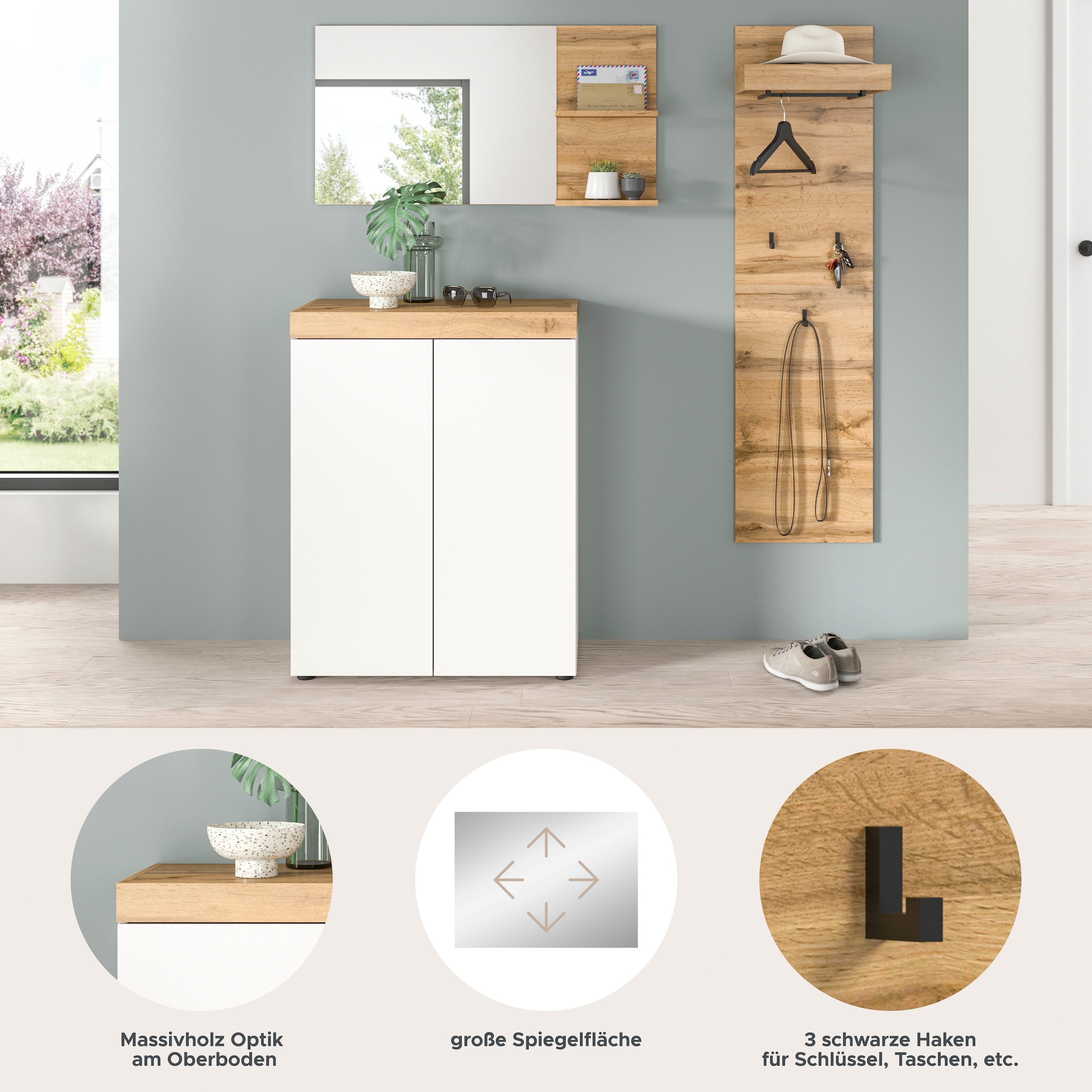 GOODproduct Garderoben-Set »MAMBO, 3-teilige Kombination, stehend & hängend montierbar« bestehend aus: Kommode, Spiegel, Garderobenpaneel, 3 Stk. tlg.