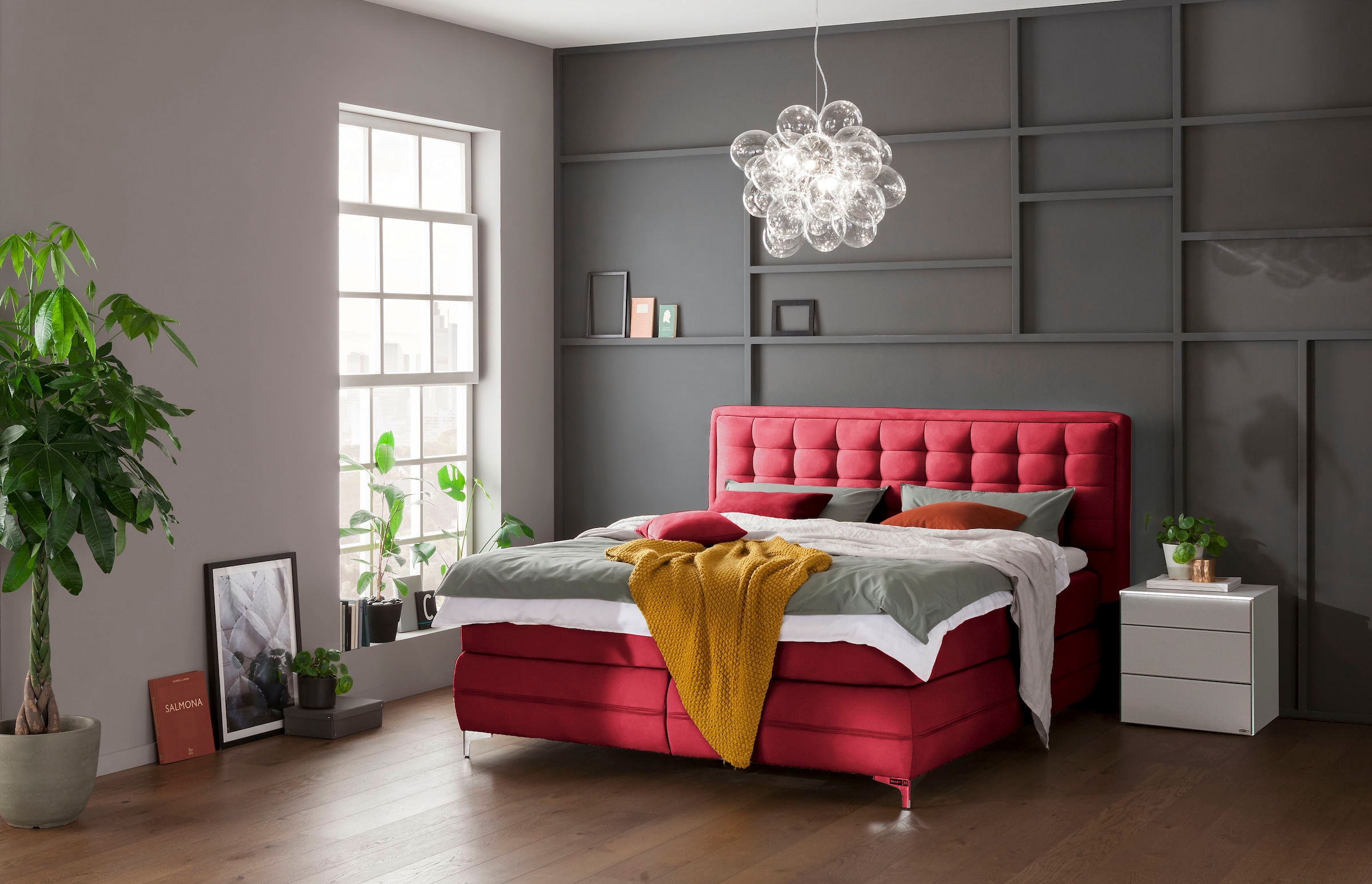 Musterring Boxspringbett »Dubai«, Winkelfuss in Chrom, 3 Härtegrade, Kopfteil in Kassettensteppung