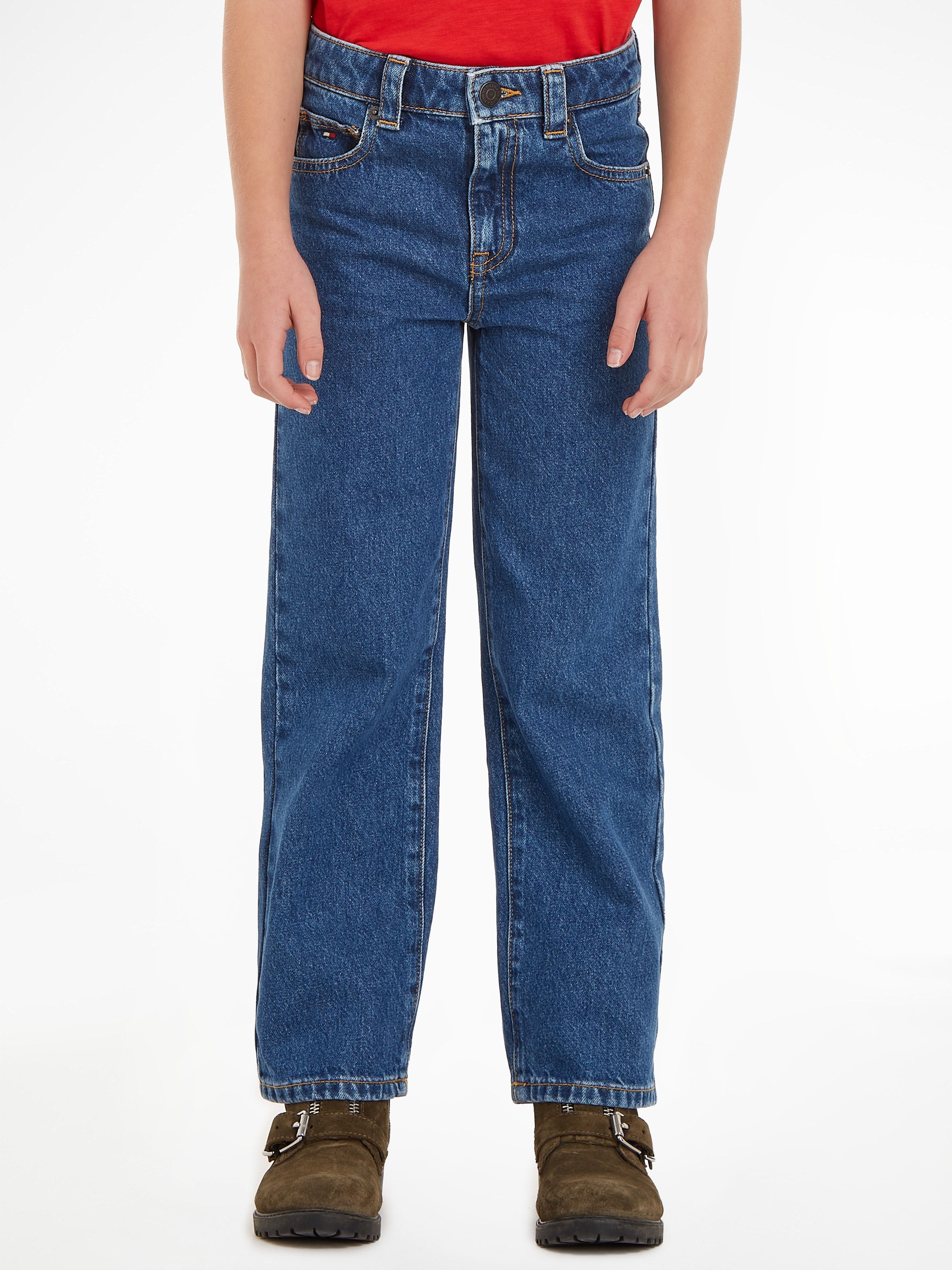 5-Pocket-Jeans »GIRLFRIEND MID BLUE«, Kinder Kids Junior MiniMe,mit Leder-Brandlabel...