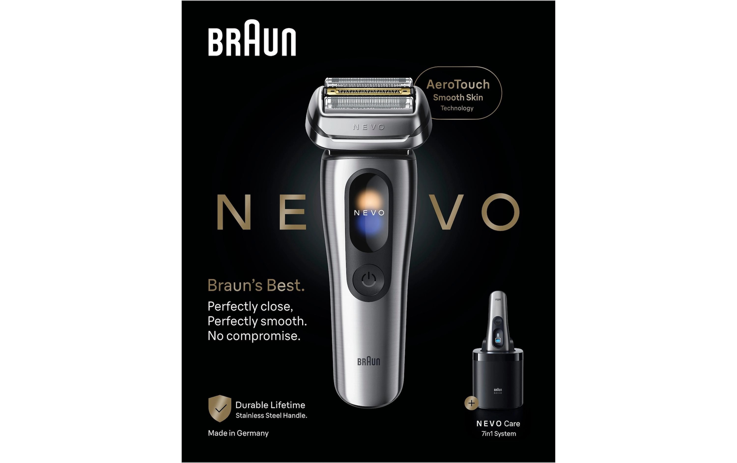 Braun Rasoirs électriques »NEVO 15000cc« station de nettoyage SmartClean Plus Tondeuse de précision intégrée AeroTouch, écran intelligent, système de soin 7-en-1, étui de voyage, argent