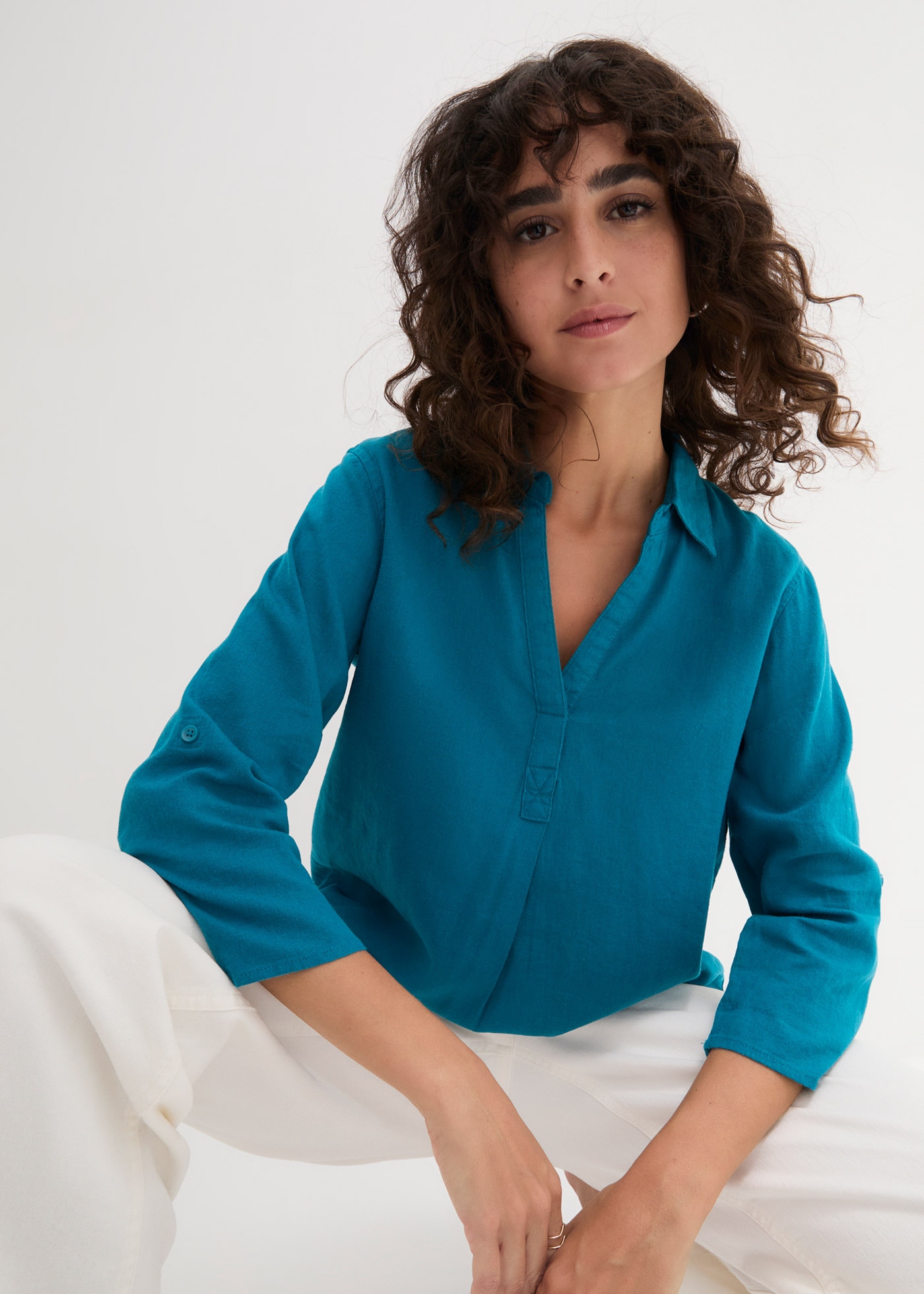 bonprix Blouse à manches longues »3/4-Arm Bluse mit Leinen« figurumspielende Passform, für vielseitige Alltagslooks