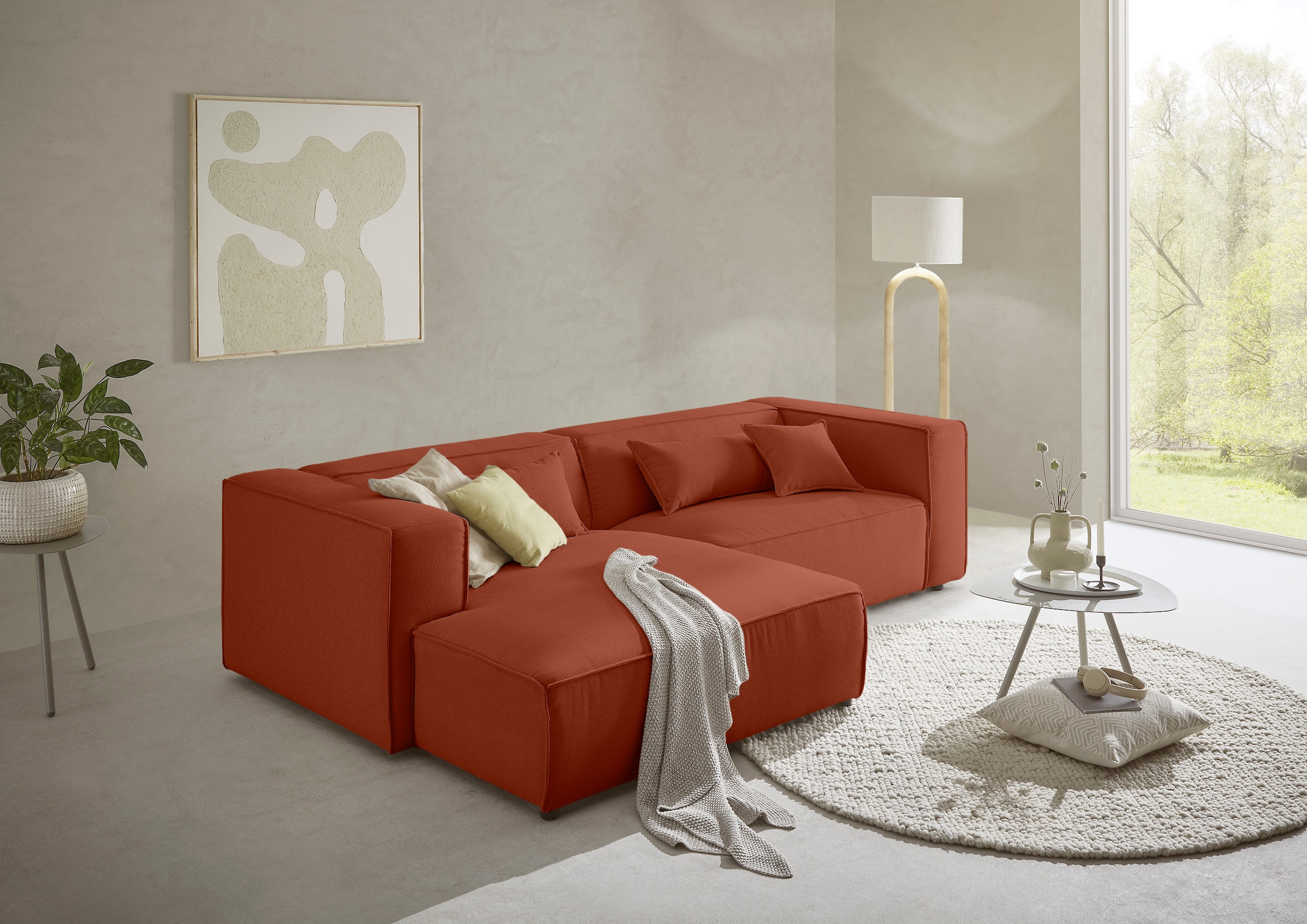 LeGer Home by Lena Gercke Canapé d'angle »PIARA Struktur mit Kedernaht L-Form« ottomane au choix droite/gauche, pieds noirs, confort d'assise agréable