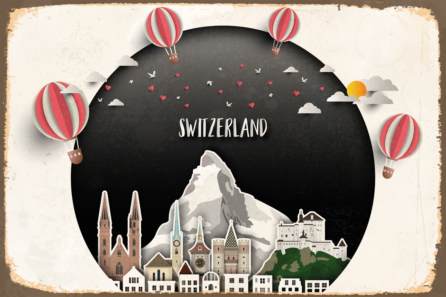 Image of queence Metallbild "Switzerland City" Berge & Alpenbilder Schriftzug Schriftzüge Schweiz Sprüche Sprüche & Texte Vintage Stahlschild, Blechschild, Schweiz
