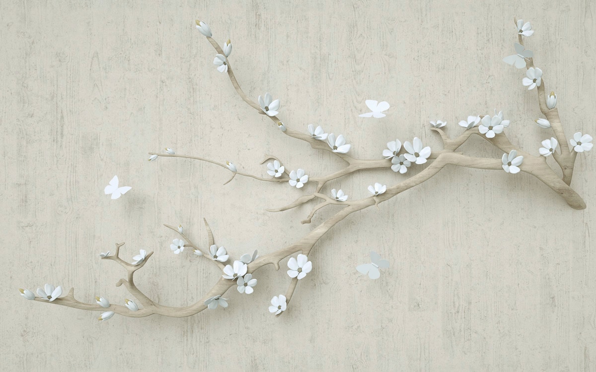 Image of Papermoon Fototapete "Blumen mit Schmetterlingen weiss"