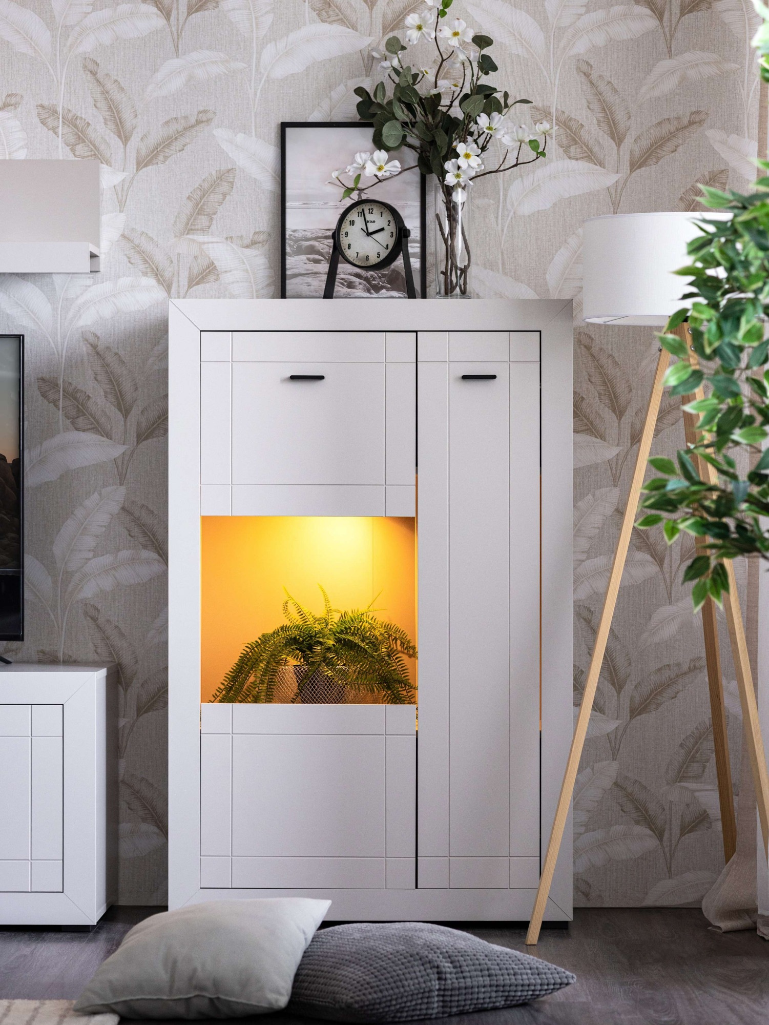 Home affaire Highboard »Warwick, Hochkommode, Vitrine, Glasvitrine, Kombi-Highboard« Modernes Highboard: Kaschmir-Dekor, 2 Türen, Heissfolienprägung