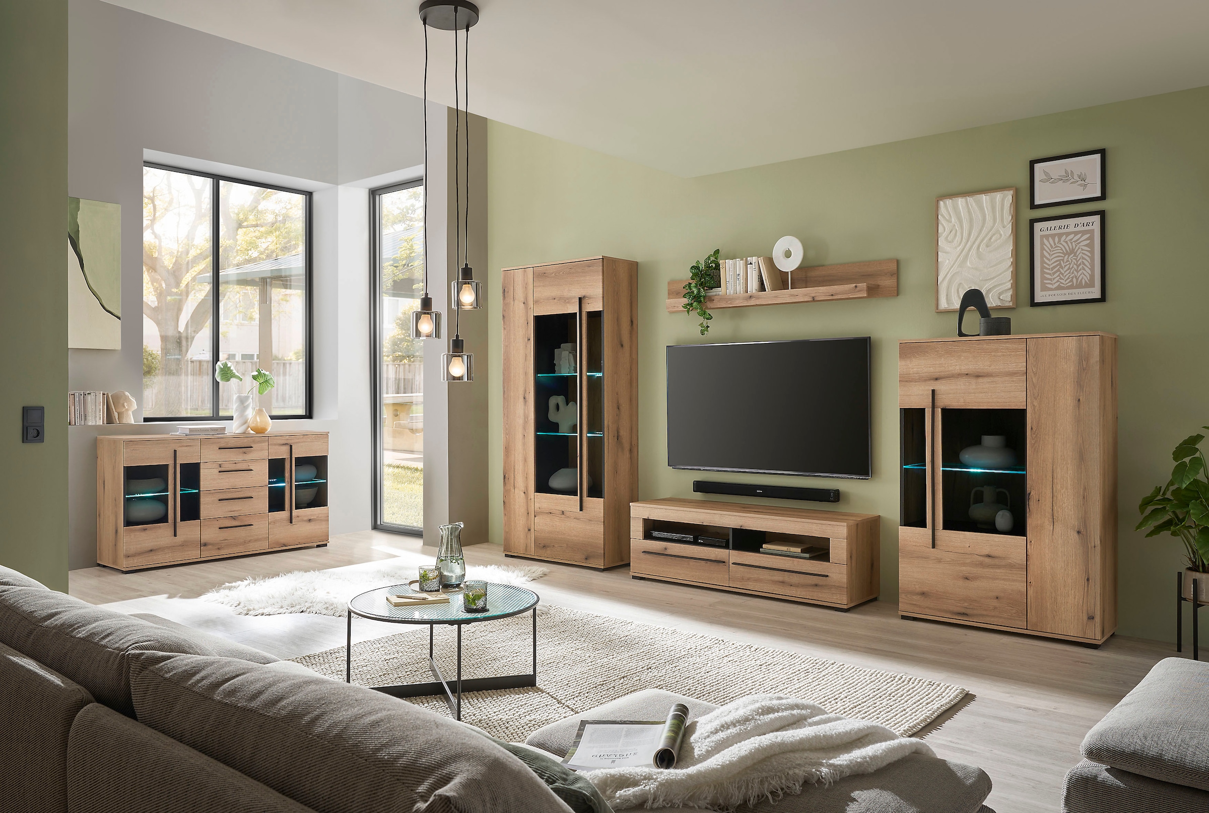 INOSIGN Wohnwand »Cantara, moderne Anbauwand, Wohnzimmer-Set, in Eiche Evoke oder Weiss«, (Set), enthält zwei Vitrinen, ein Lowboard und ein Wandboard