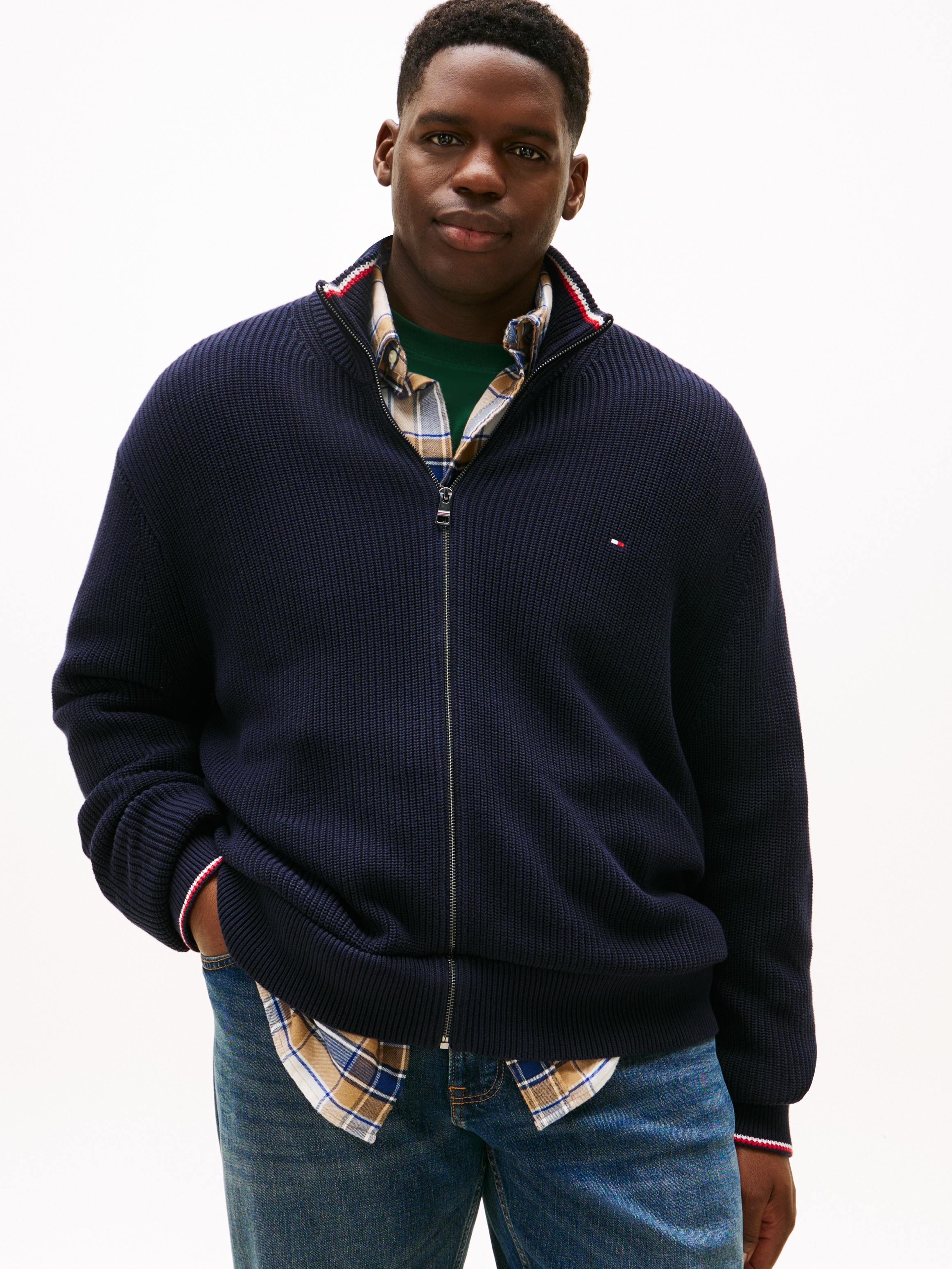 Image of Tommy Hilfiger Big & Tall Strickjacke "BT-RWB RIB ZIP THROUGHB" Grosse Grössen, aus Rippstrick, mit Stehkragen