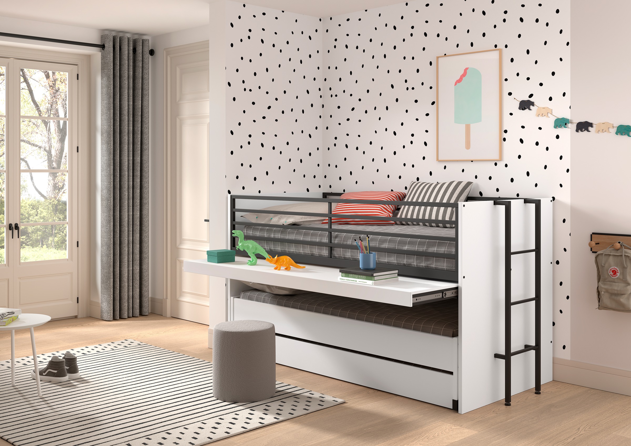 Vipack Etagenbett »praktisches Etagenbett mit viel Funktion, 2 Dekore zur Wahl« B/H/T ca. 219x114x98cm, Metall Leiter und Absturzschutz in schwarz,  für kleine Räume, 2 Liegefl., Bettschublade, inkl. Schreibtisch