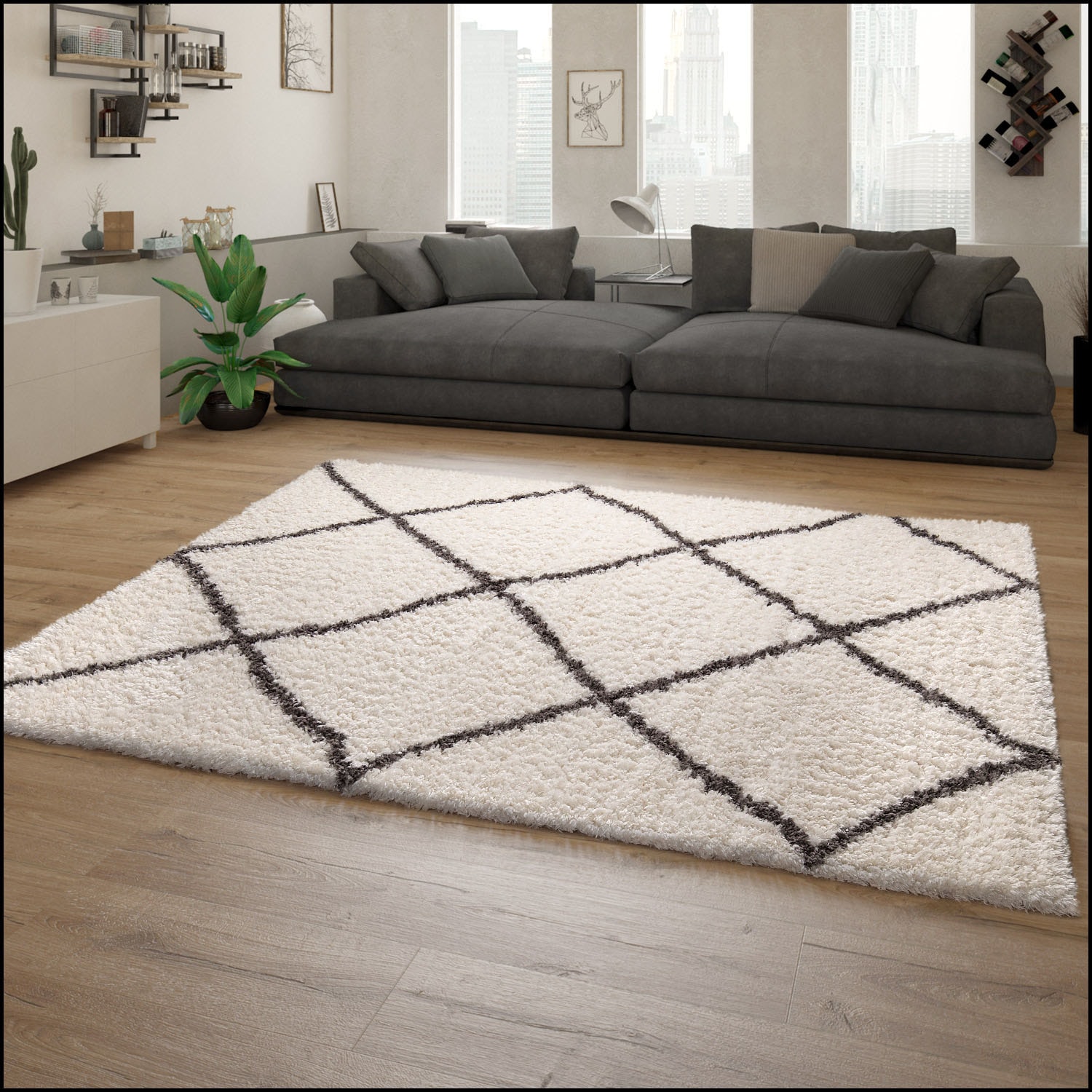 Paco Home Hochflor-Teppich »Maghreb 79«, rechteckig, 44 mm Höhe, Rauten Muster, Scandi Design, weich und flauschig