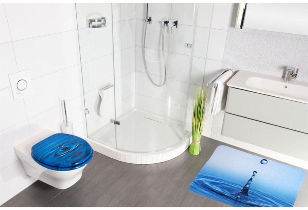 Sanilo Set d'accessoires de salle de bain »Wassertropfen« bestehend aus WC-Sitz, Badteppich, Stöpsel, Seifenspender, WC-Bürste