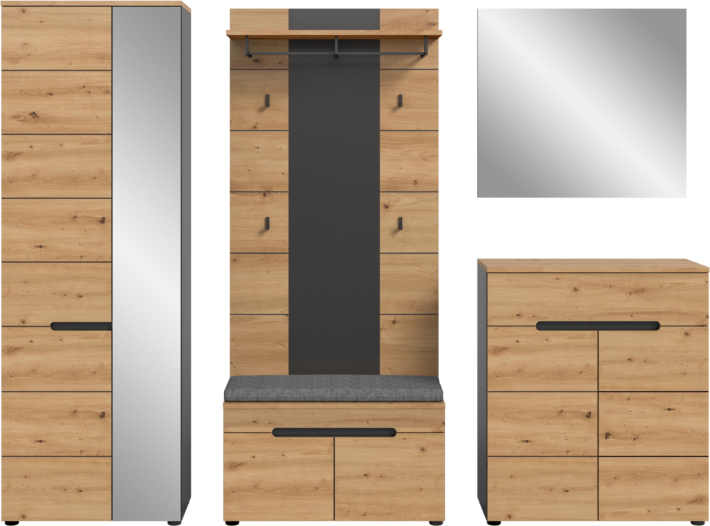 INOSIGN Garderoben-Set »REHAT, TOPSELLER!, 5-teilig, Breite 255 cm, individuell erweiterbar« Set, bestehend aus: Schrank, Sitzbank, Sitzkissen, Paneel, Spiegel, Kommode, 6 Stk. tlg.