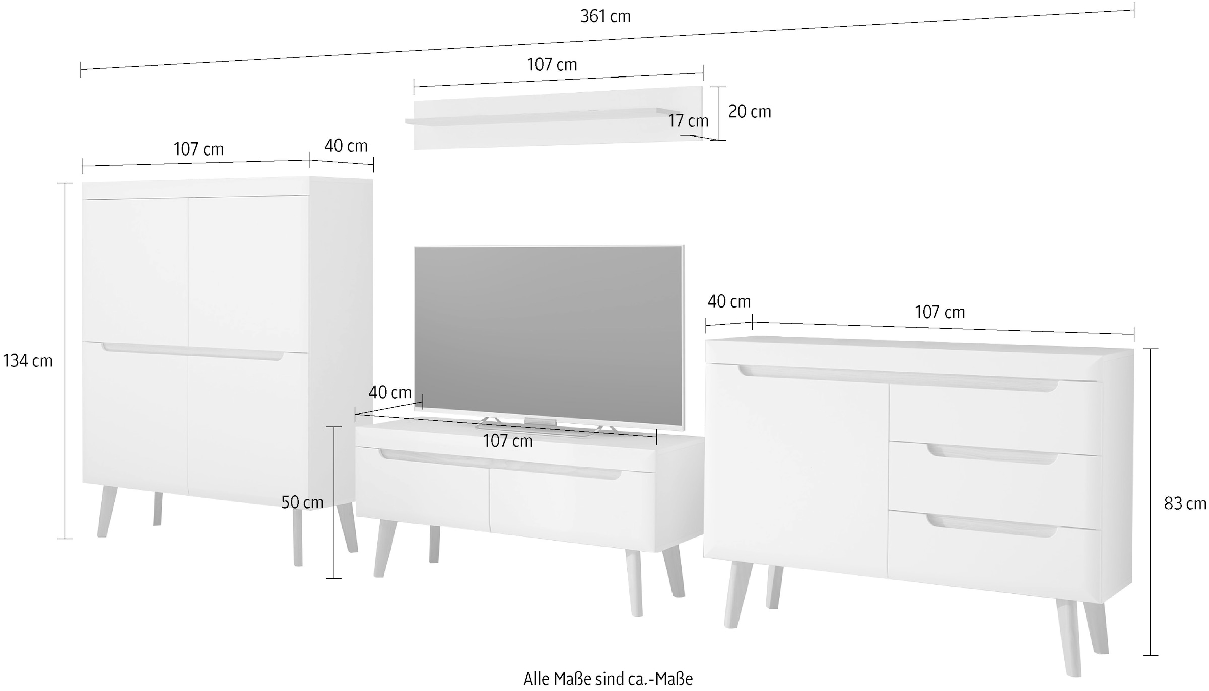 INOSIGN Wohnwand »Torge, Anbauwand, Schrankwand, Mediawand, Wohnzimmer-Set«, (4 St.), enthält Lowboard, Sideboard, Highboard + Wandboard, 361 cm breit