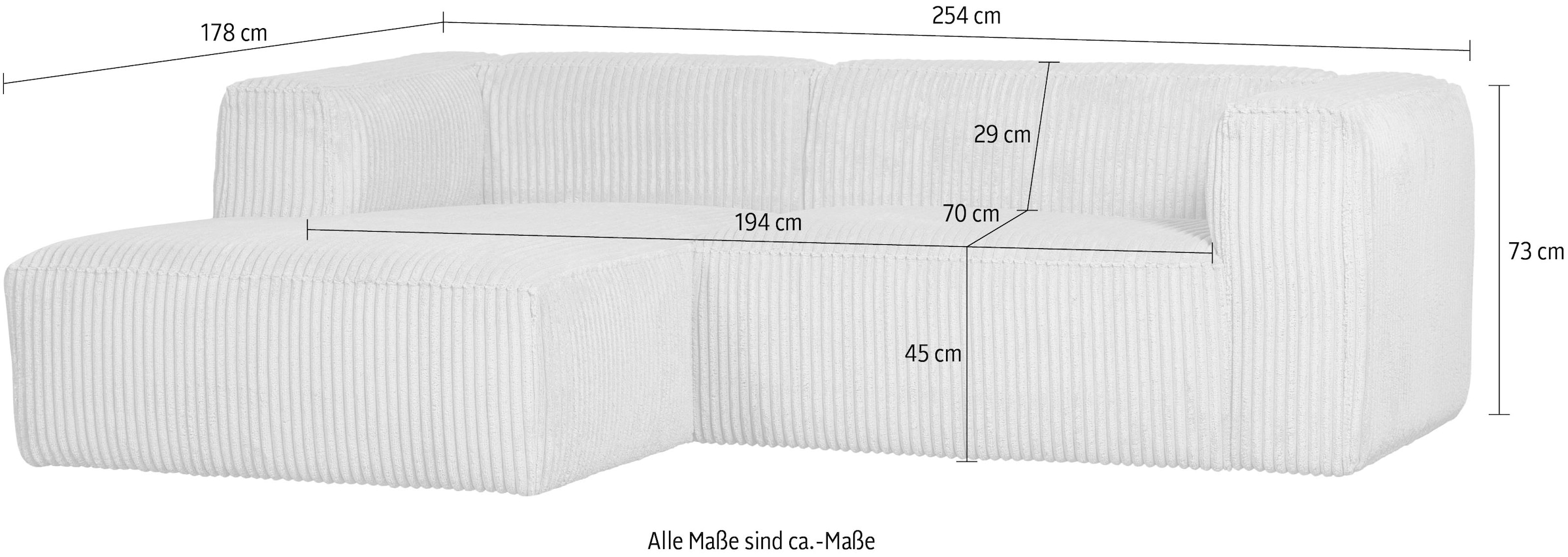 WOOOD Canapé d'angle »Bean Ripsbezug vollständig bezogen, H 73 x B 254 x T 175 cm« gauche, capacité de charge 100 kg par siège, bonne résistance à l'usure