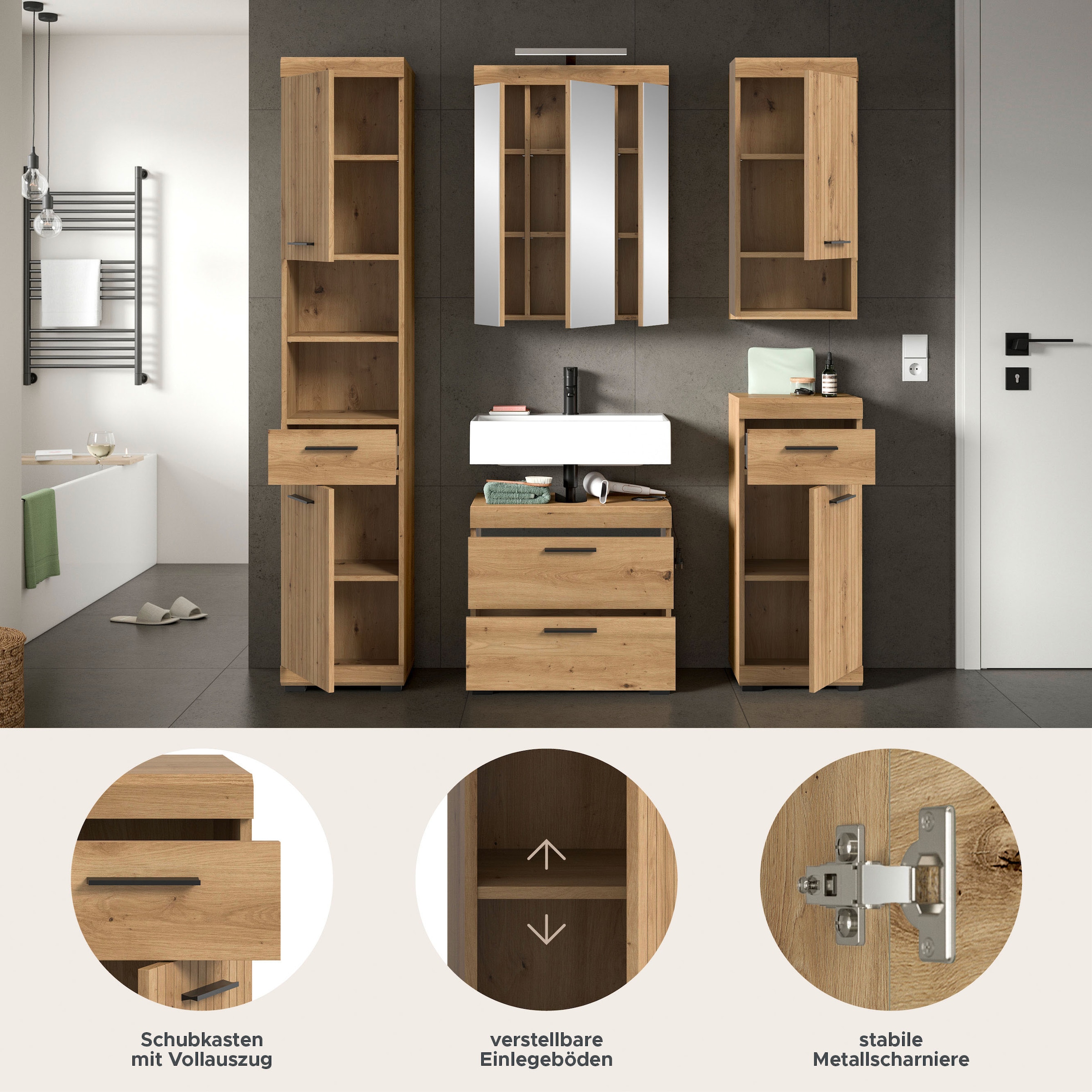 welltime Badmöbel-Set »SIENA, 5 teilig, inklusive LED Beleuchtung, bestehend aus:« Set, TOPSELLER!, 5 Stk. tlg.