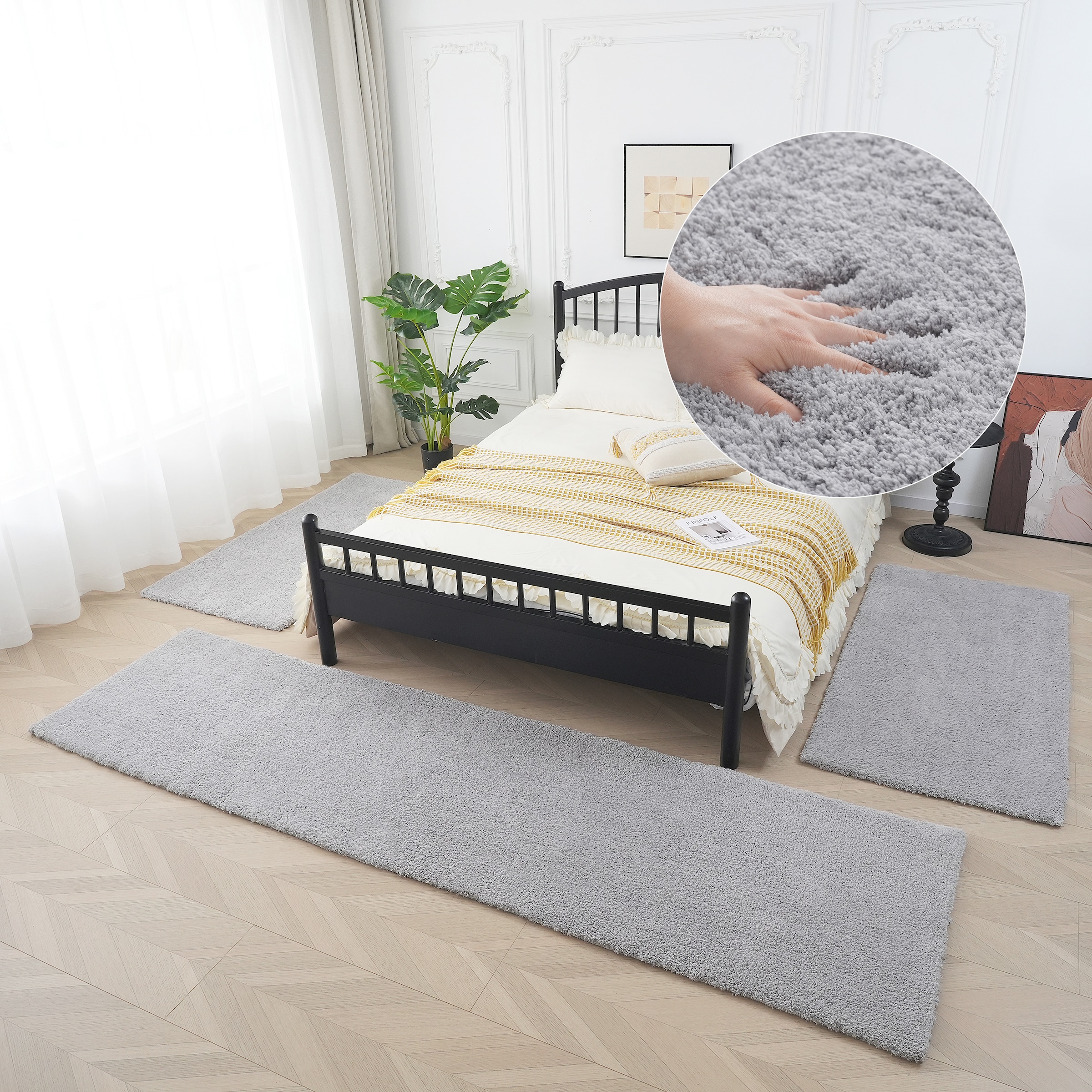 my home Hochflor-Bettumrandung »Microfaser Teppich Magong, besonders weich, sehr feiner Flor«, (3 tlg.), uni, einfarbiger Bettvorleger, Läufer-Set, Schlafzimmer, Kinderzimmer
