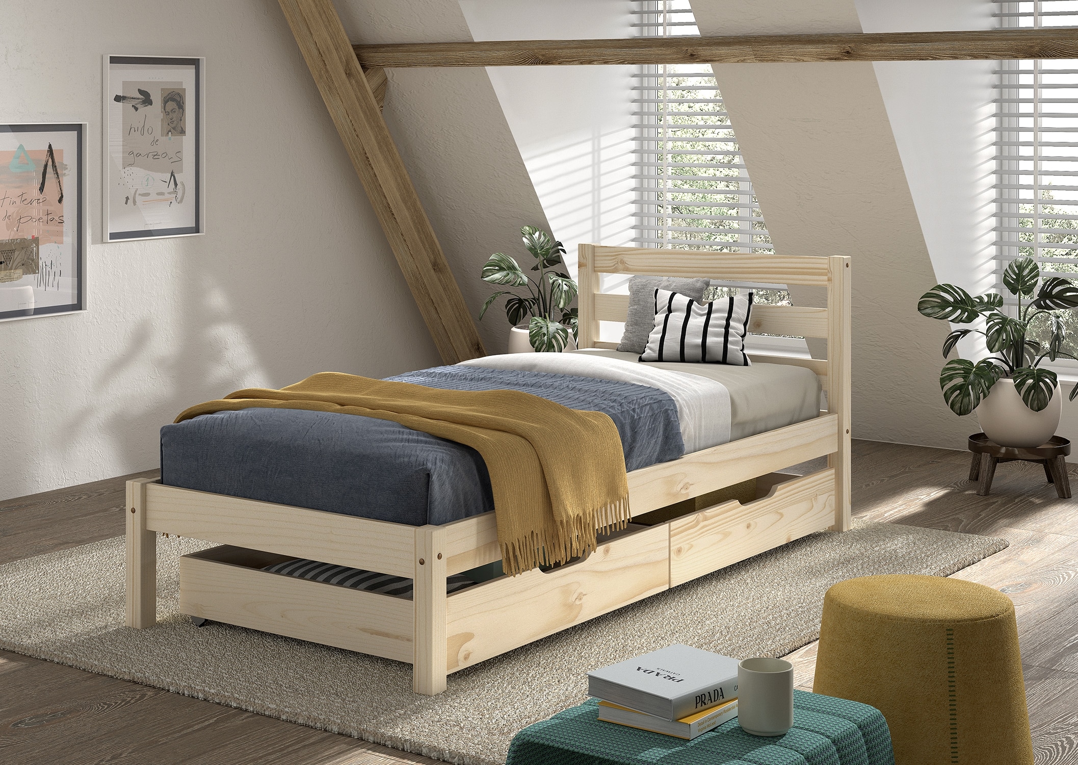 Vipack Massivholzbett »Pino, universell einsetzbar, gradliniges Design, Made in Europe« B/H/Tca. 211x84,4x 97,5cm, Liegefläche 90/200 cm, inkl. 2 Schubladen,  inkl. Rolllattenrost, Kiefer massiv, in Natur oder Weiss lackiert