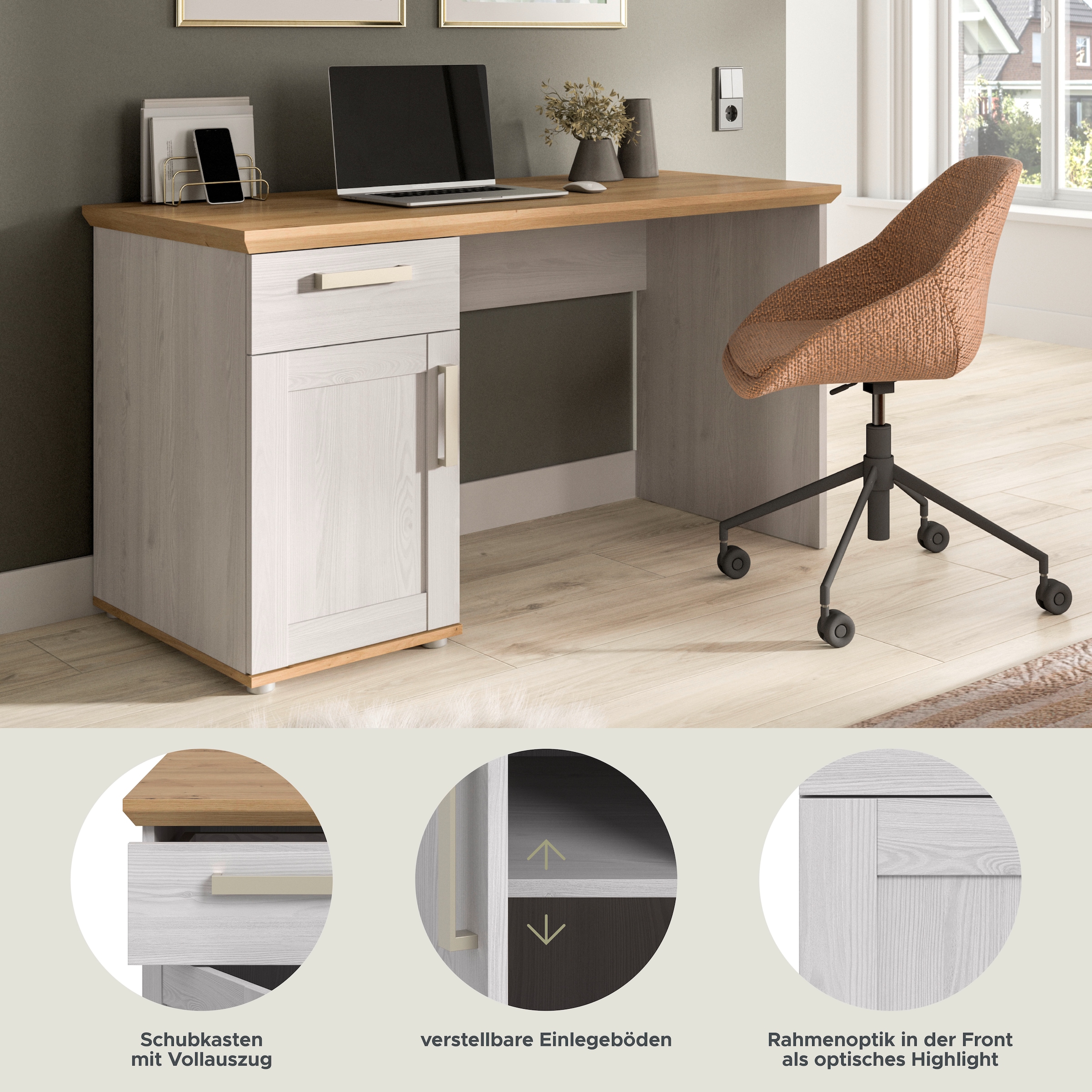 Home affaire Bureau »COSENZA, Breite 134 cm, 1 Tür, 1 Schubkasten, 2 Fächer« Style maison de campagne, combinable avec d'autres articles de la série,  Bureau, table d'ordinateur, table pour ordinateur portable, télétravail