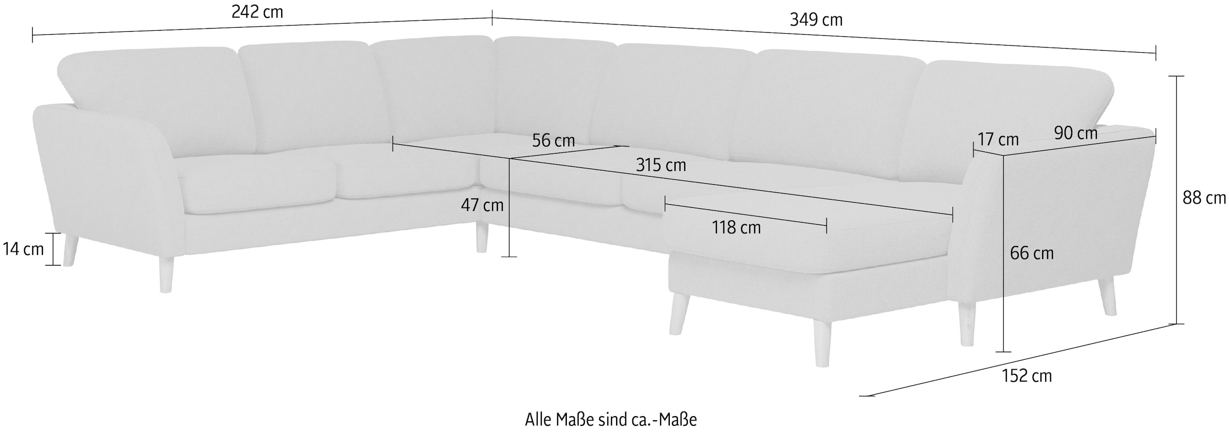 Home affaire Wohnlandschaft »MARSEILLE XXL 349cm, U-Form, Ottomane rechts/links wählbar«, Massivholzbeine aus Eiche, In verschieden Bezügen und Farbvarianten