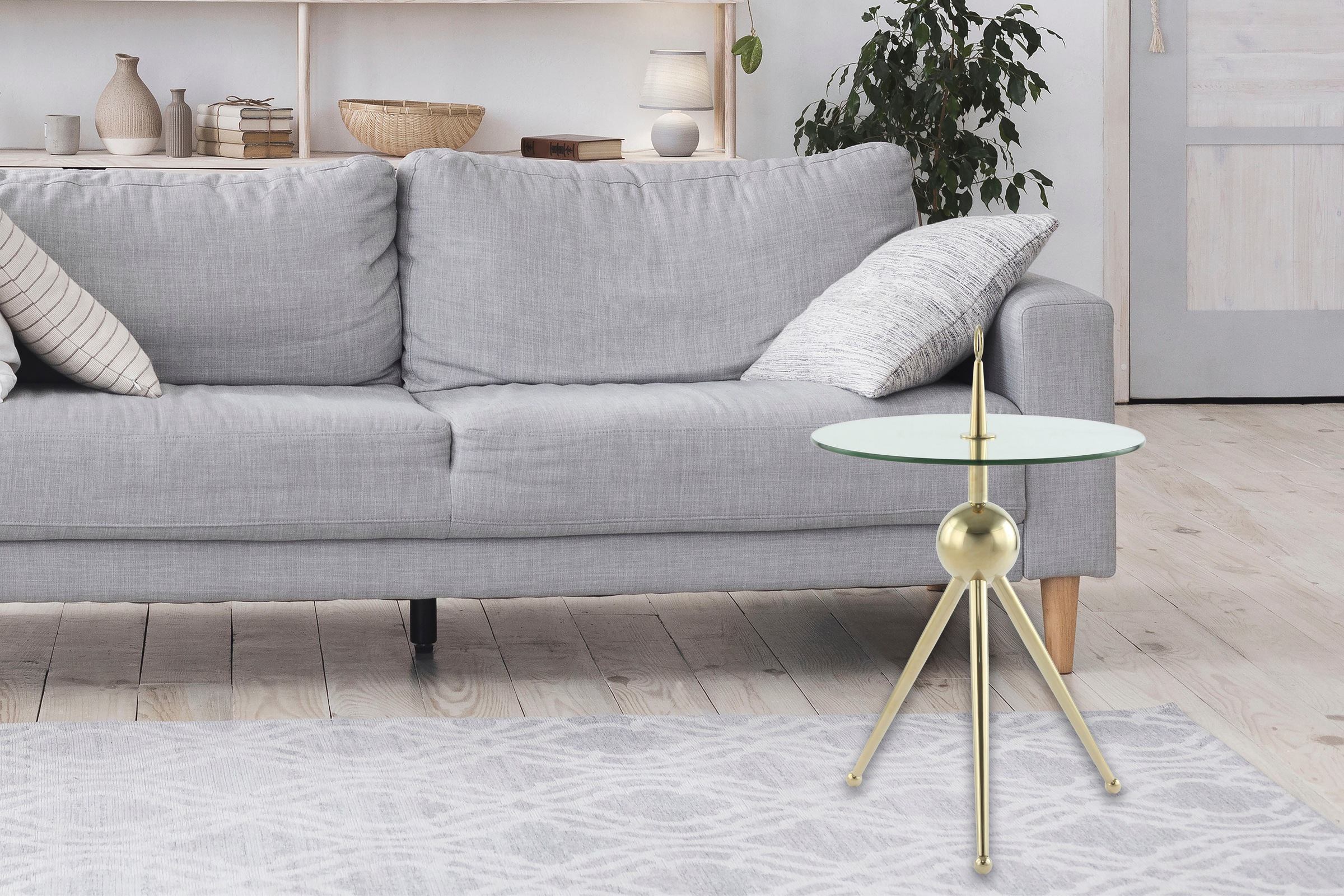 Kayoom Beistelltisch "Ontario 325, Runde Glasplatte aus Sicherheitsglas, 100% Edelstahl" 1 Stk. tlg. Minimalistisch, Gestell in Tripod-Design, mit Tragering