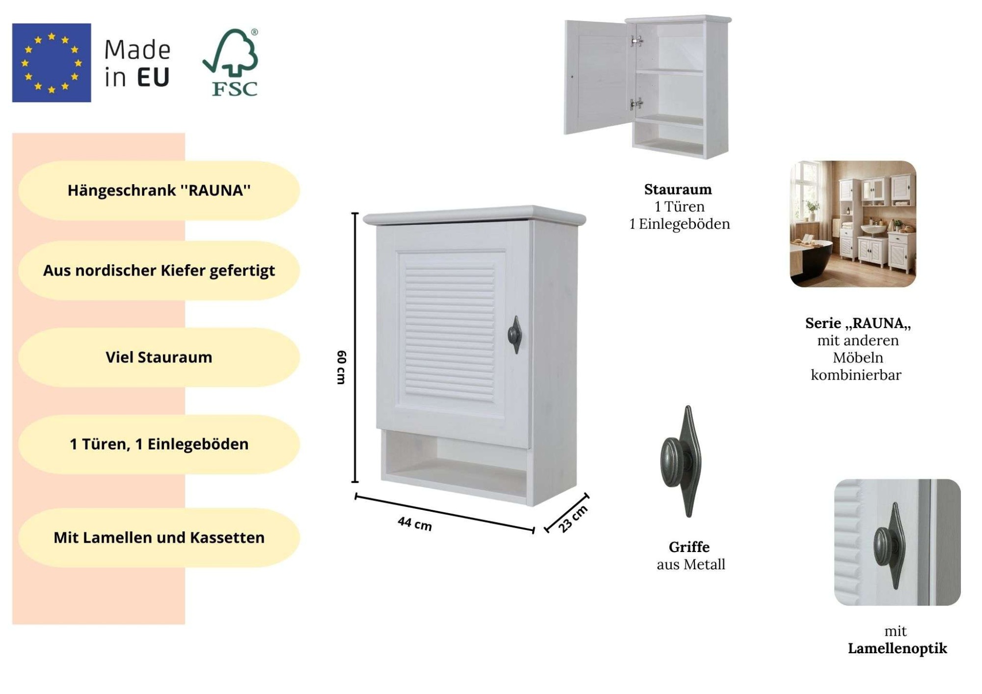 GOODproduct Armoire suspendue »Rauna« aus massiver Kiefer, Breite 44 cm, Rillenoptik, made in EU