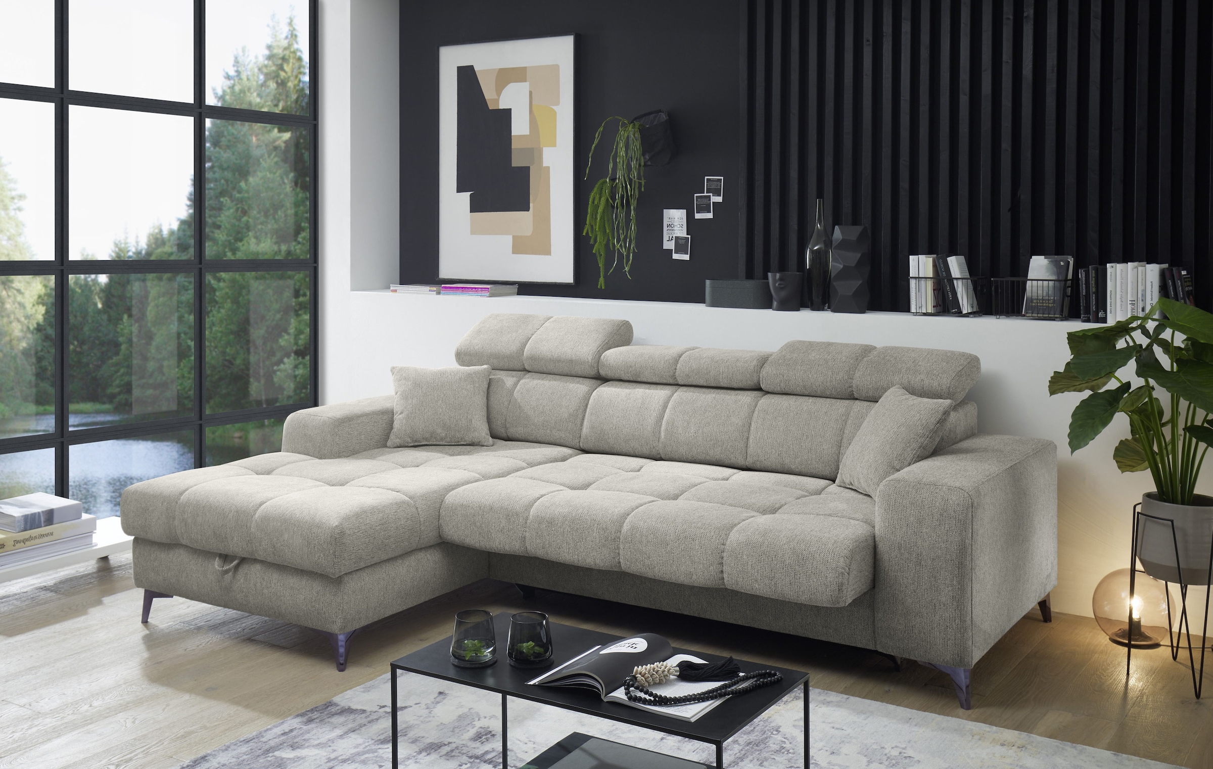 ED EXCITING DESIGN Ecksofa »Sydney L-Form mit Bettfunktion, Bettkasten, Kopfteilverstellung«, motorischer Sitztiefenverstellung, USB-Port & 2 Zierkissen