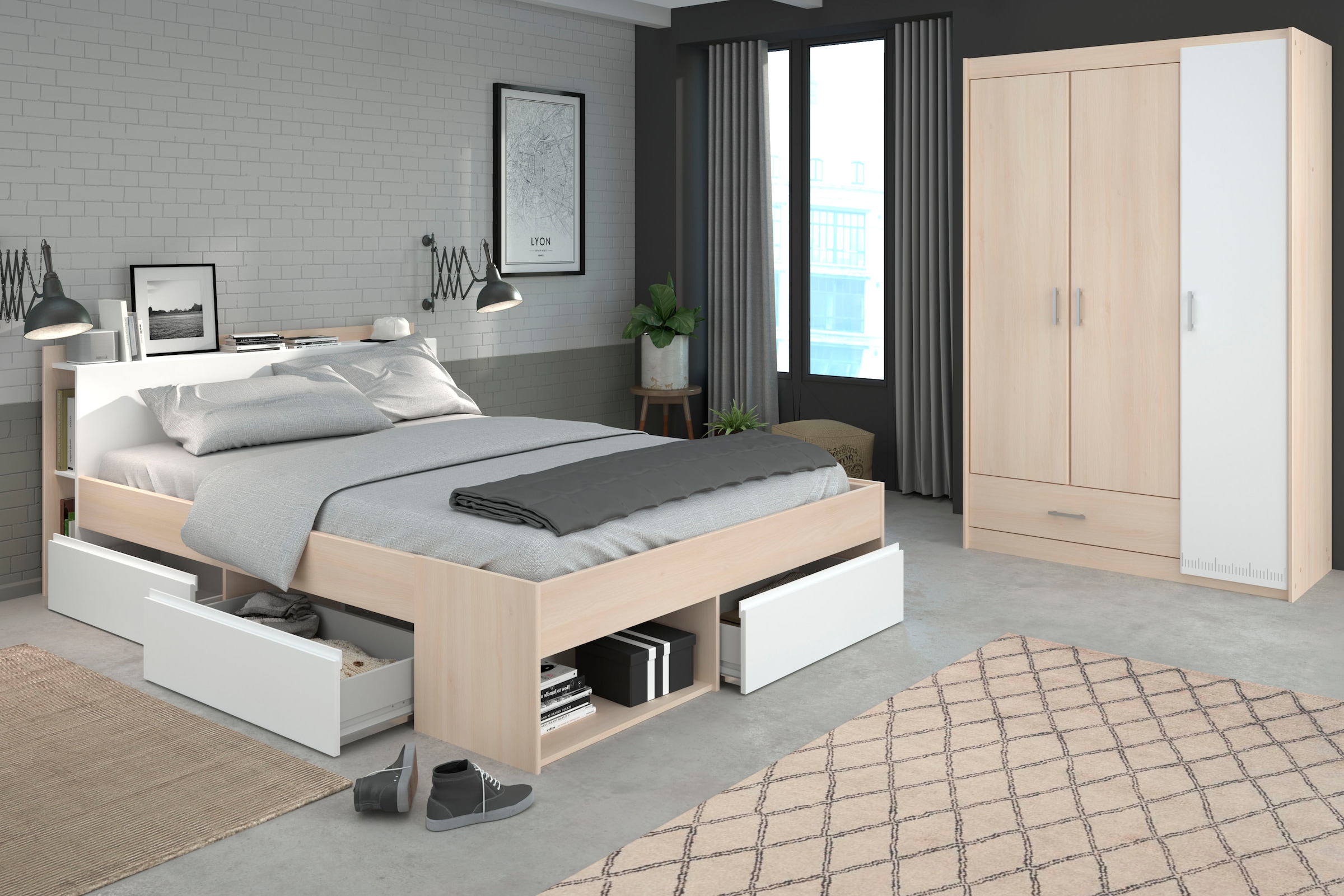 Parisot Jugendzimmer-Set »Most«, (Set, 2 tlg., Bett mit Schubkästen und Kleiderschrank)