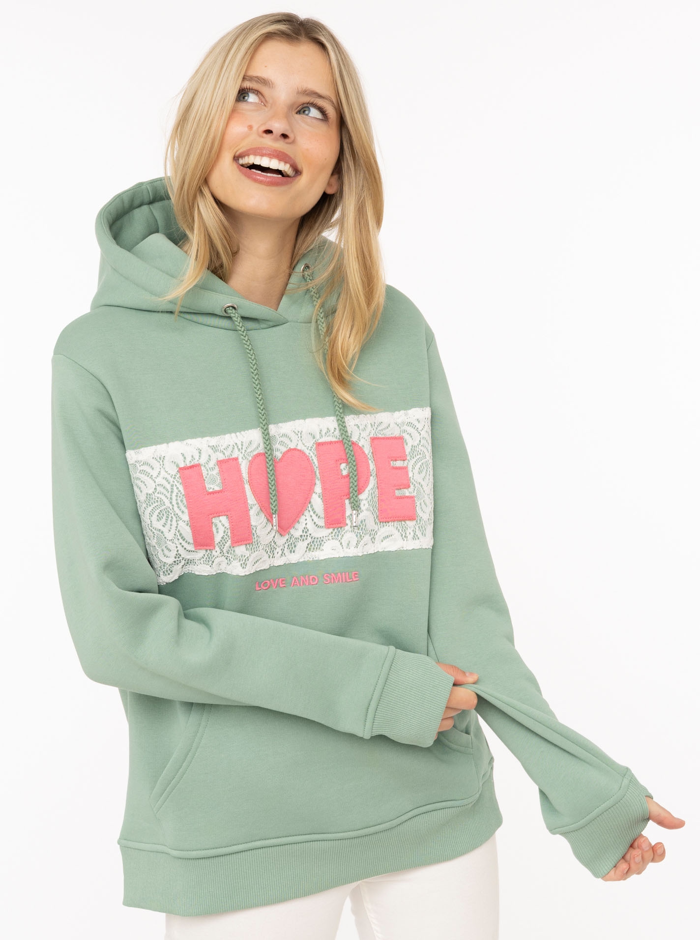 Image of Zwillingsherz Hoodie ""HOPE Spitze"", Kapuze mit Kordel, Motiv mit Spitze, elastische Bündchen