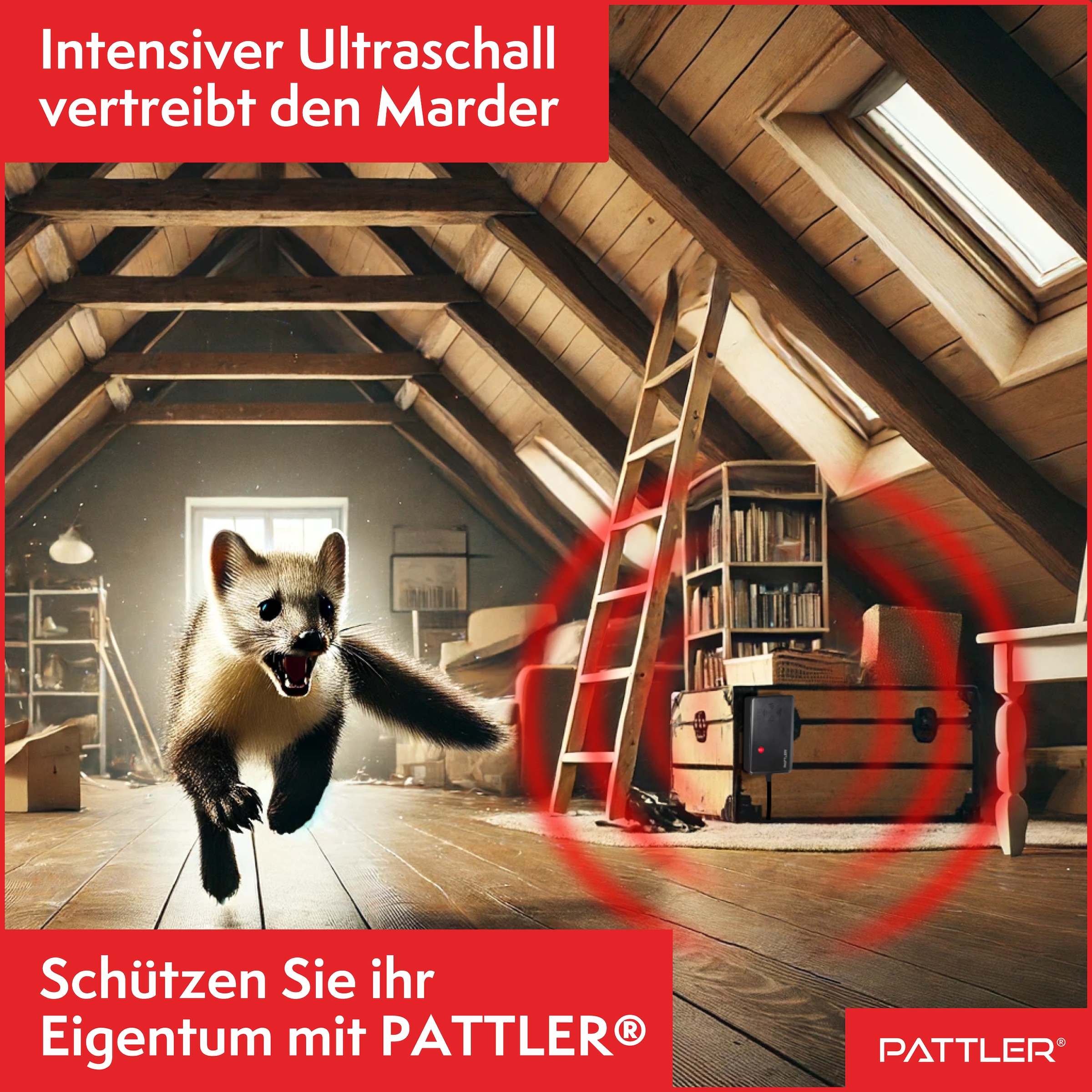 Pattler Défense contre les animaux à ultrasons »Marderschreck mit  Hochfrequenztönen« 1 appareil pour environ 60 m²