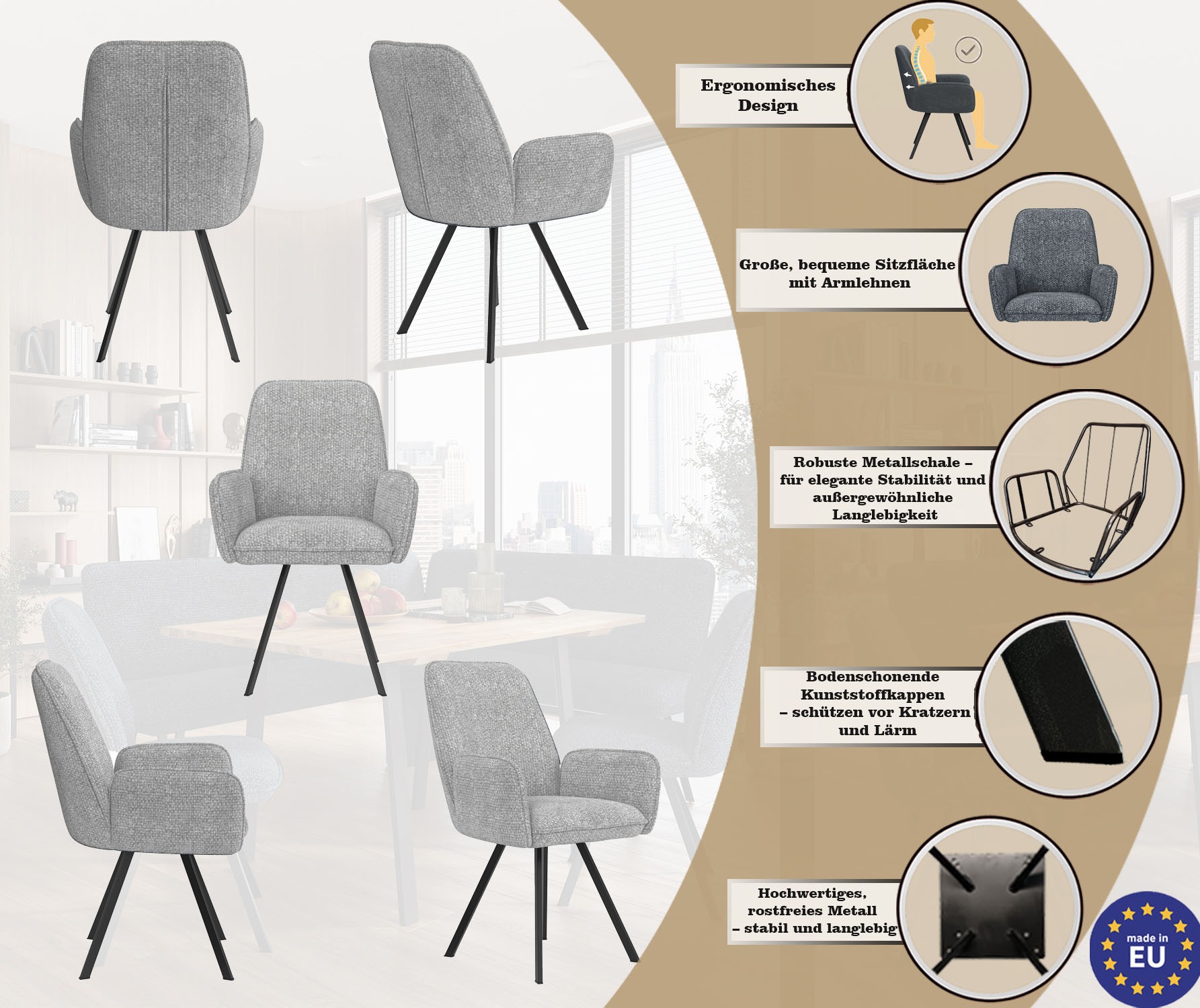 Home affaire Armlehnstuhl »Mily Esszimmerstuhl, Polstersessel, Wohnstuhl, Essstuhl mit Armlehnen« (Set) 2 Stk.mit schwarz pulverbeschichteten Metallbeinen, gepolstert, modern