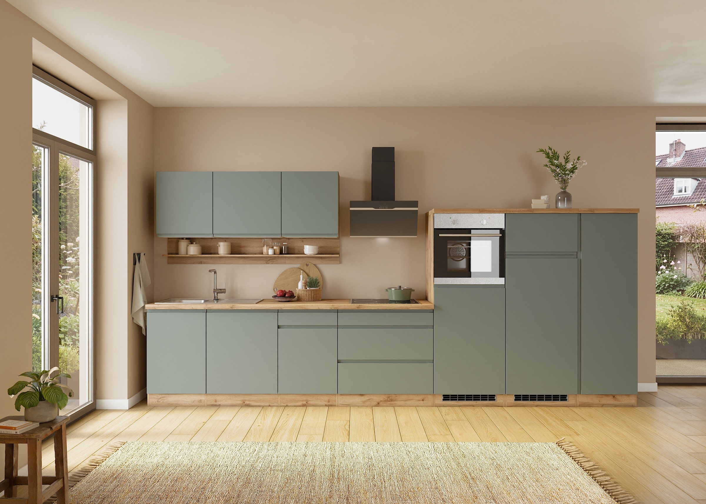 KOCHSTATION Küchenzeile "KS-Virginia,neu in verbesserter Ausführung" Arbeitsplatte 38 mm stark, Stauraum, Softclose, Breite 410 cm, Softclose, wahlweise mit E-Geräten und Induktion