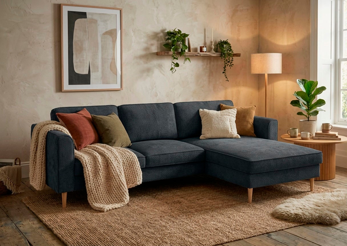 Image of Home affaire "Booster, whlw. mit Schlaffunktion & Bettkasten, Fuss Buche lackiert" Recamiere beidseitig montierbar, L-Form, in Cord & Struktur, B: 232 cm